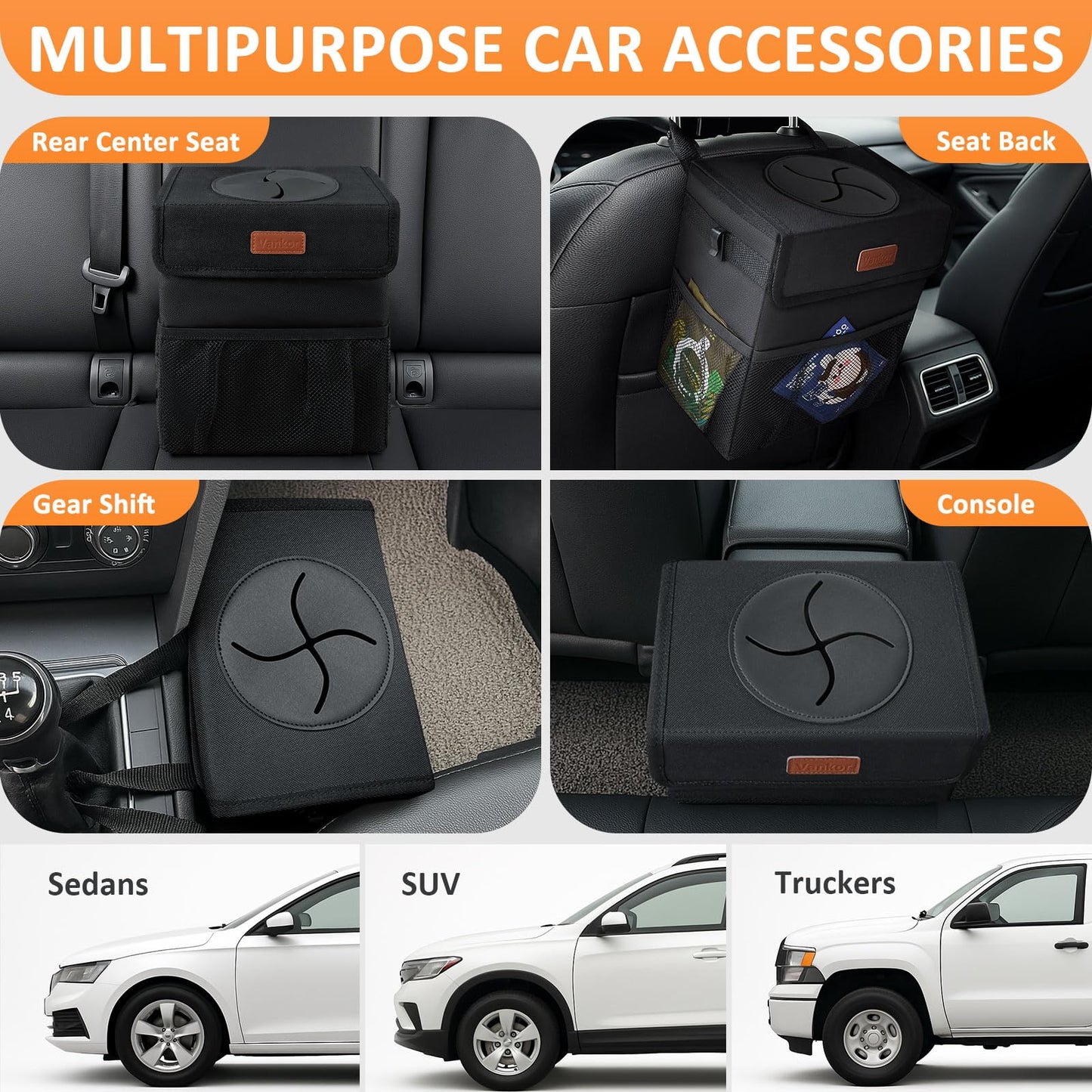 Vankor Car Trash Can Bin with Lid Hanging for Back Seat, Car Accessories for Women Men Leak Proof Automotive Garbage Cans Leakproof Vehicle Trash Can for Truck SUV Black