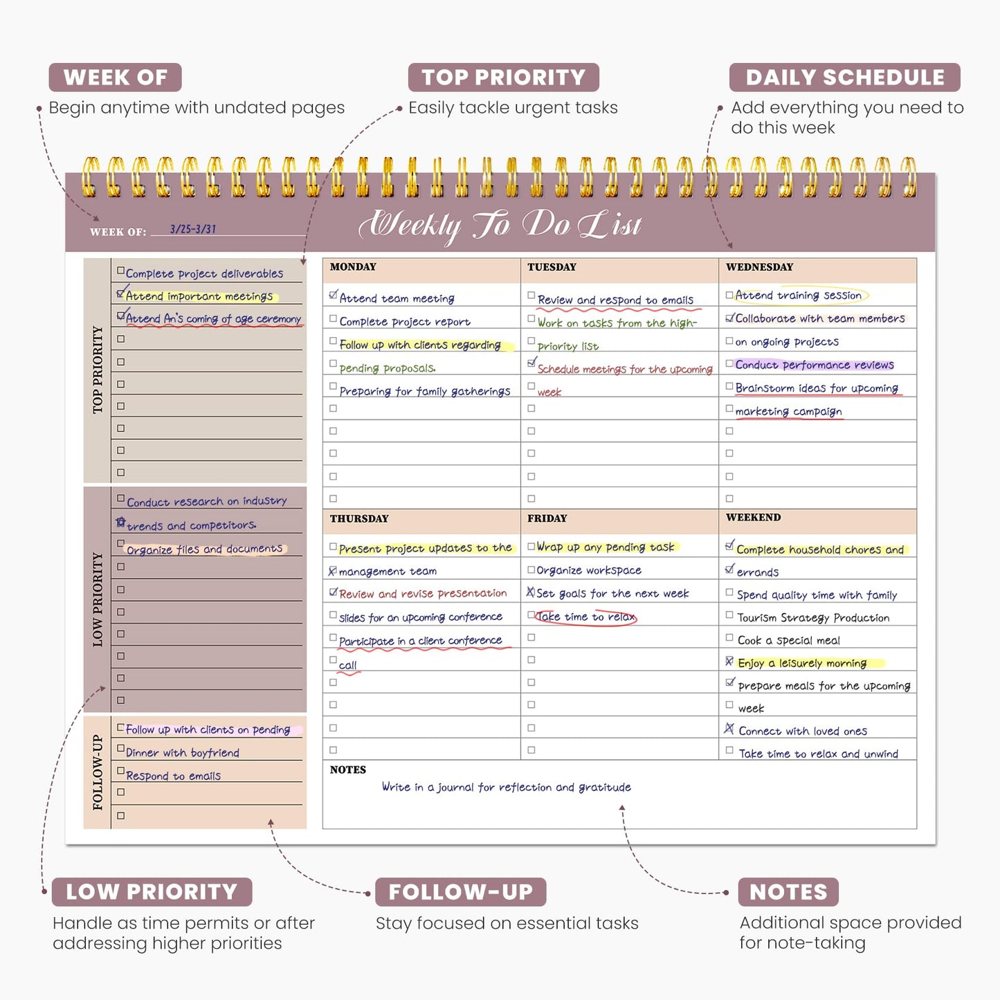 Weekly To Do List Notepad with 52 Undated Sheets(8.5"×11")- Undated Weekly Planner Notepad for Office Desk Accessories and Supplies - Midnight Lilac