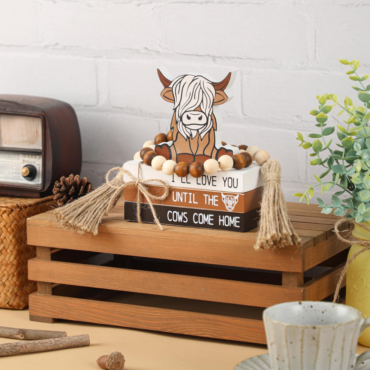 5PCS Highland Cow Decor, Farmhouse Tiered Tray Decor, Wooden Book Stacks Rustic Table Centerpiece for Home Room Mantle Shelf