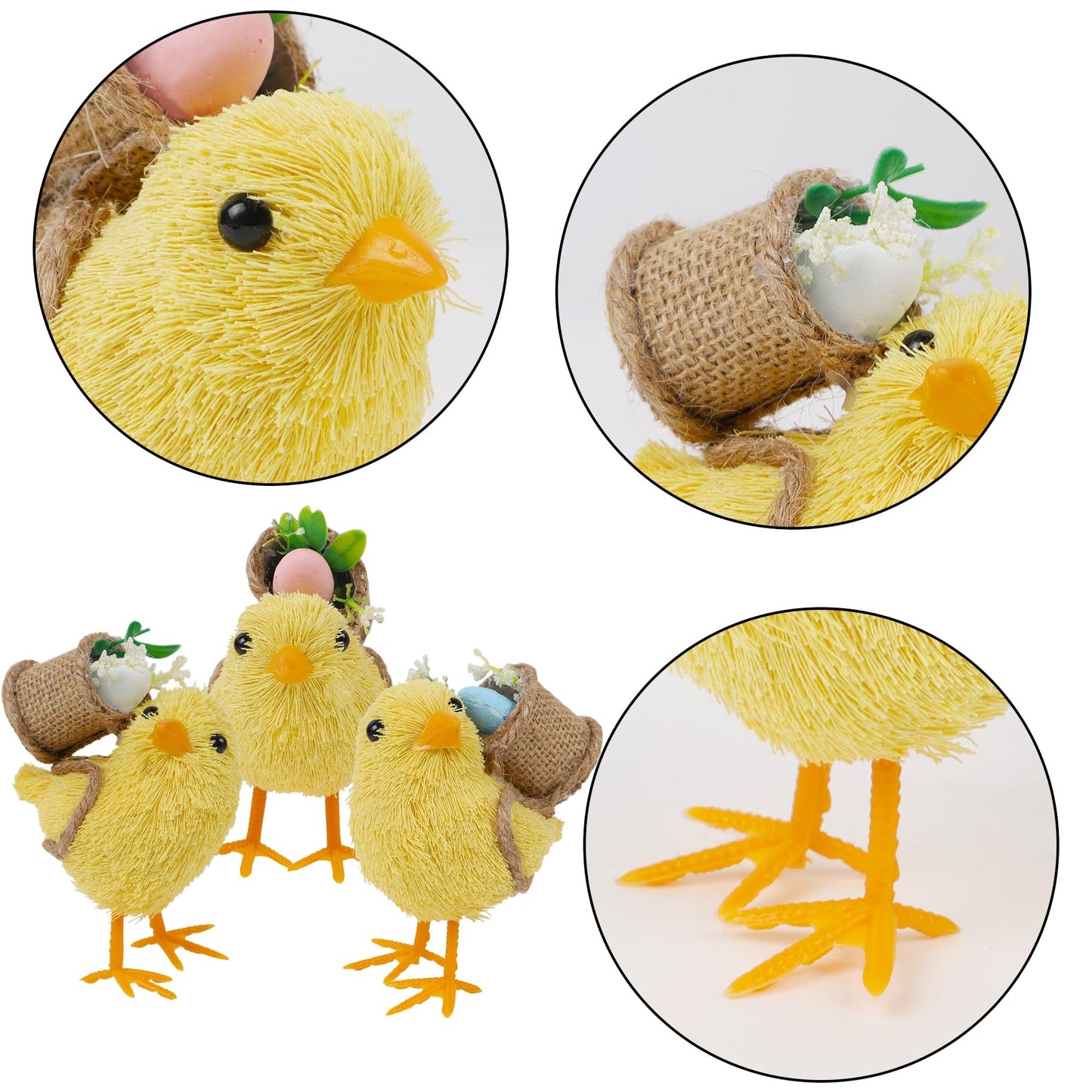 DR.DUDU Set of 3 Easter Decorations 4.5" Straw Chick Figurines with Egg Baskets, Realistic Baby Chick Tabletop Decor, Sisal Chicken Statue Farm Animal Spring Decor for Home Kitchen Office Farmhouse