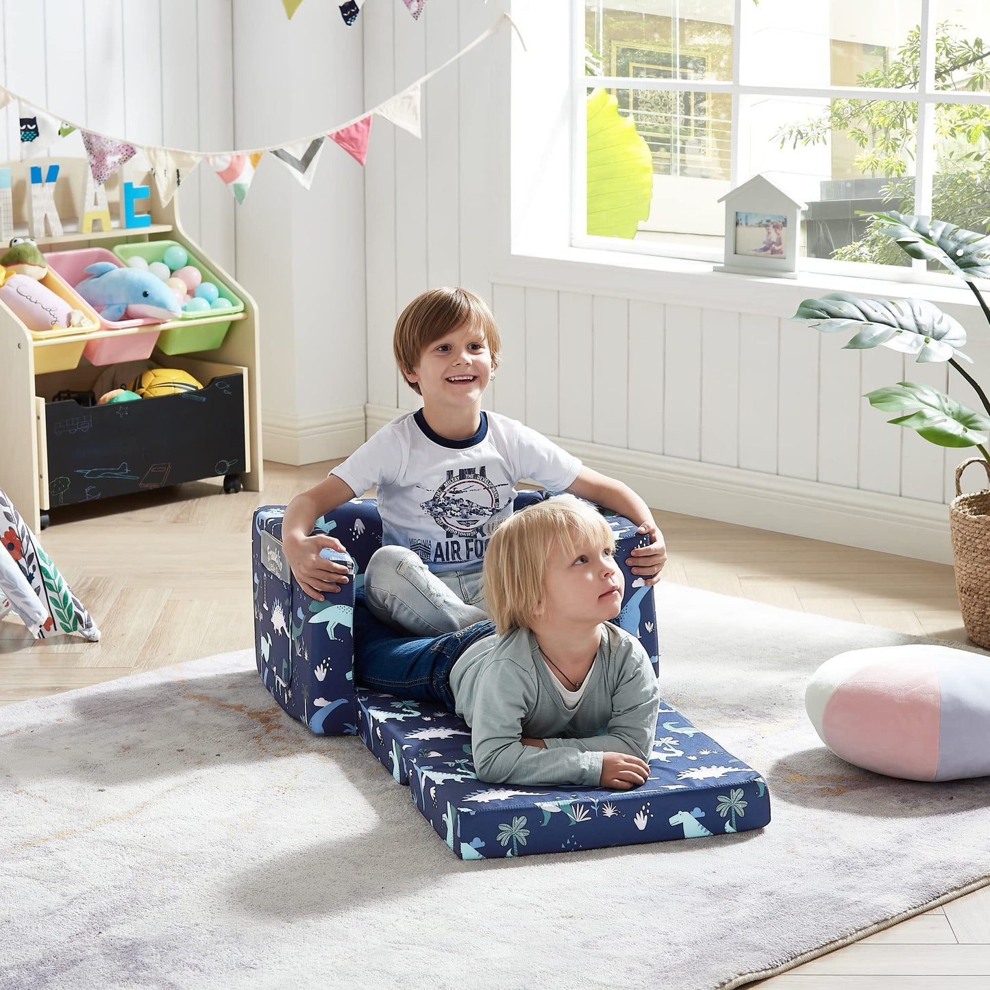 Ulax furniture Kids Sofa Chair for Reading, 2-in-1 Sofa Toddler Fold Out Couch, Convertible Sofa to Sleeper Couch (Navy Dinosaur)