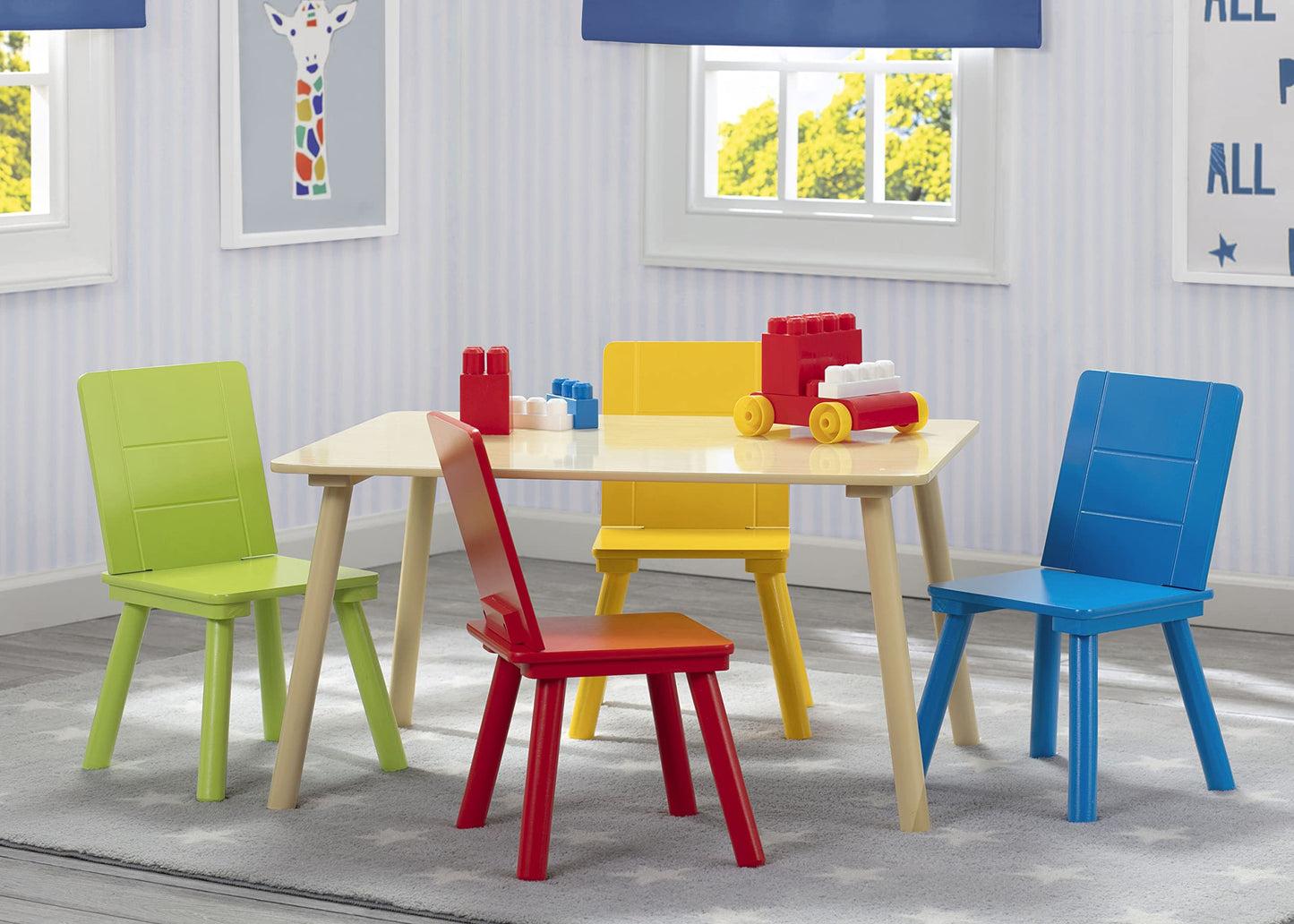 Delta Children Kids Table and Chair Set (4 Chairs Included), Natural/Primary