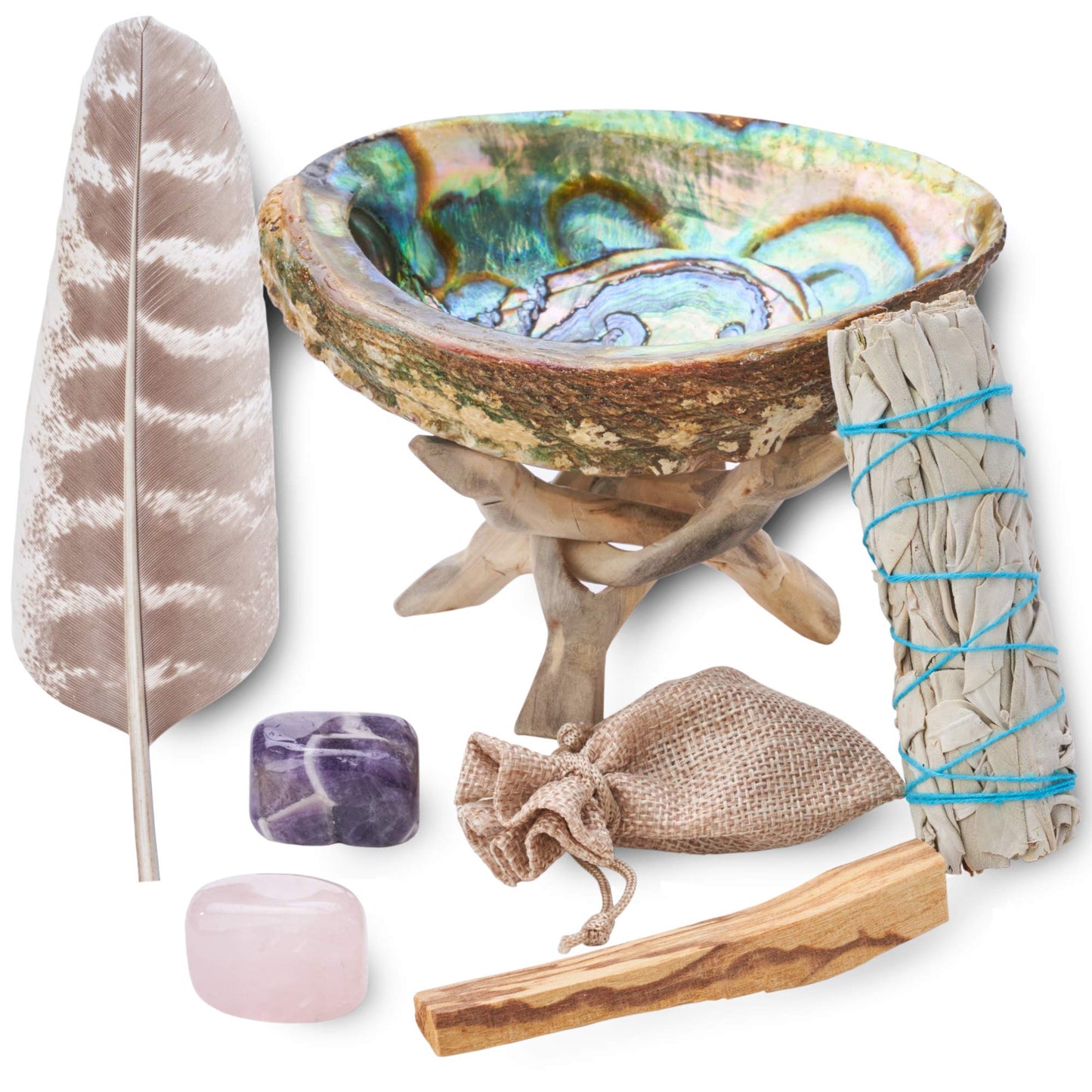 Home Cleansing & Smudging Kit with White Sage, Palo Santo, Abalone & Stand, Smudge Feather & Guide (Regular)