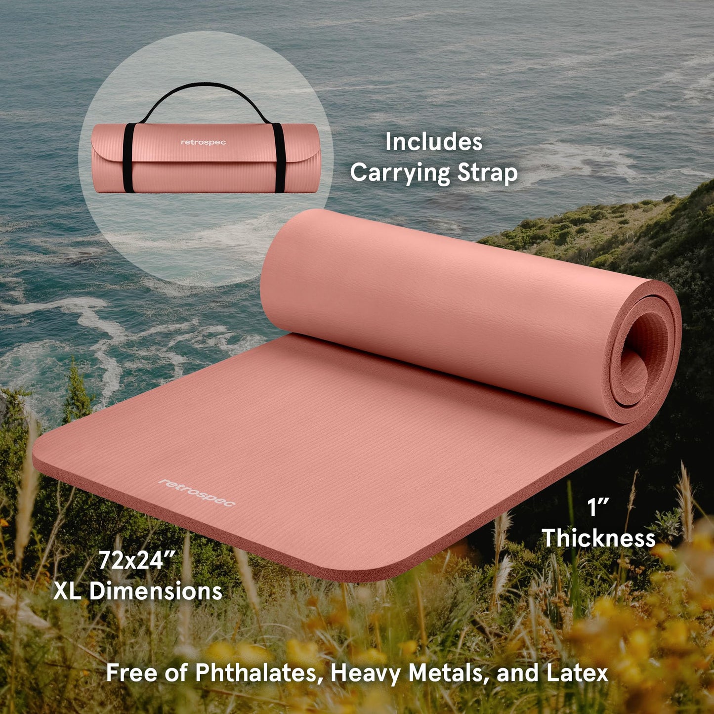 Retrospec Solana Yoga Mat 1" Thick w/Nylon Strap for Men & Women - Non Slip Exercise Mat for Home Yoga, Pilates, Stretching, Floor & Fitness Workouts - Rose