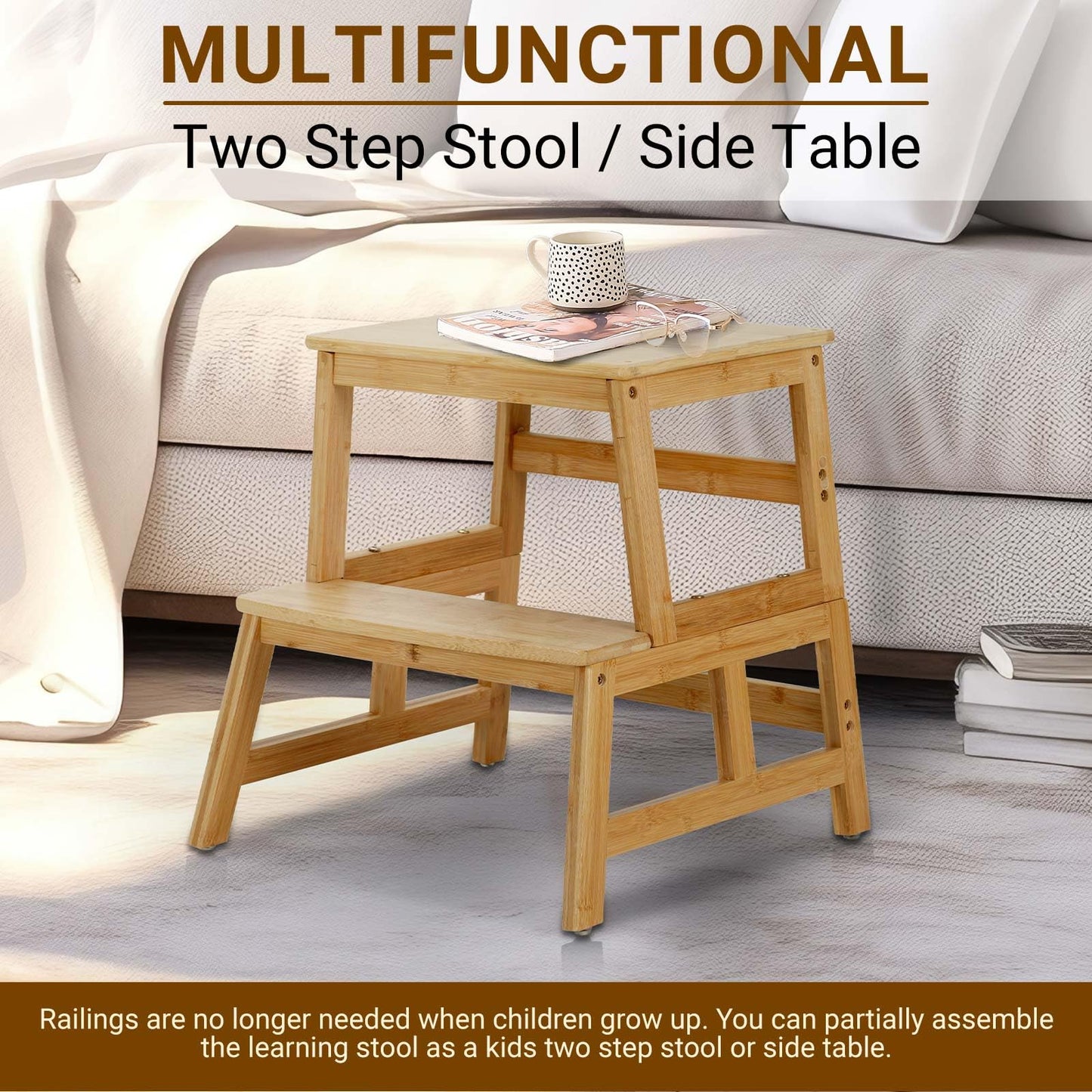 COSYLAND Kids Kitchen Step Stool,Toddler Standing Tower with CPC Certification, Removable Anti-Drop Railing Safety Rail Enjoys Unique Patented Design A Anti-tip Structure More Stable, Natural Bamboo