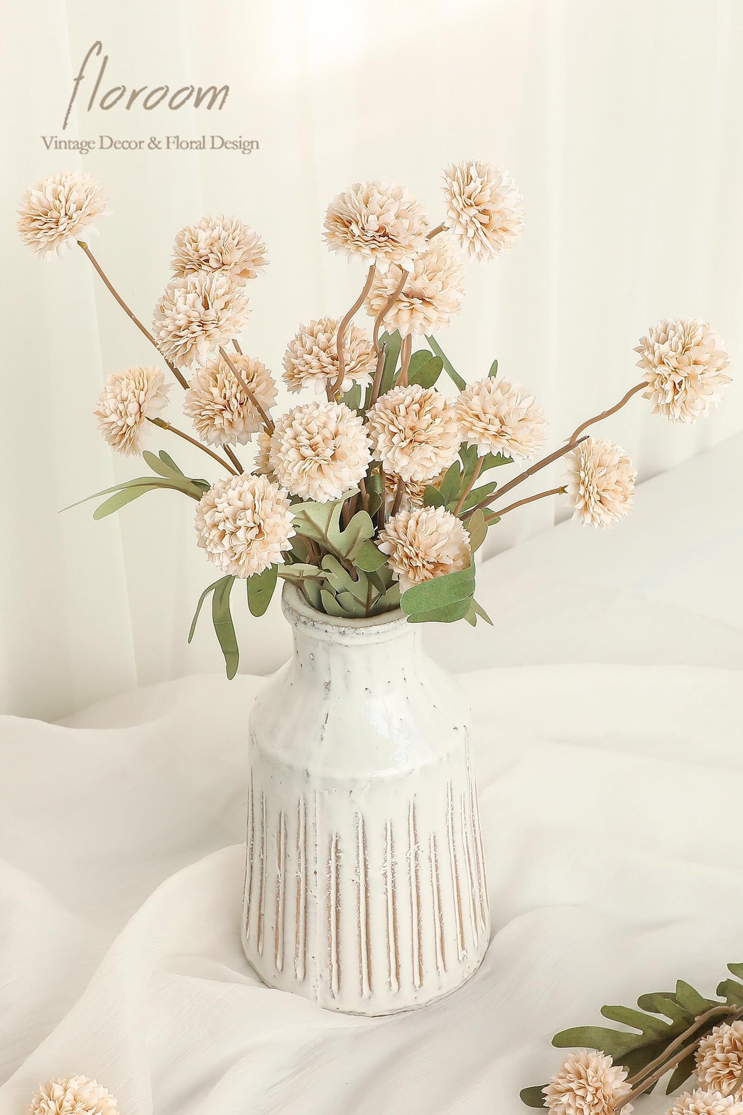 Floroom 5pcs Faux Silk Pompon Mum Artificial Flowers, Bulk Fake Mini Chrysanthemums with Stems for DIY Bouquet Centerpieces Wedding Fillers Champagne Arrangements Shower Decorations, Beige