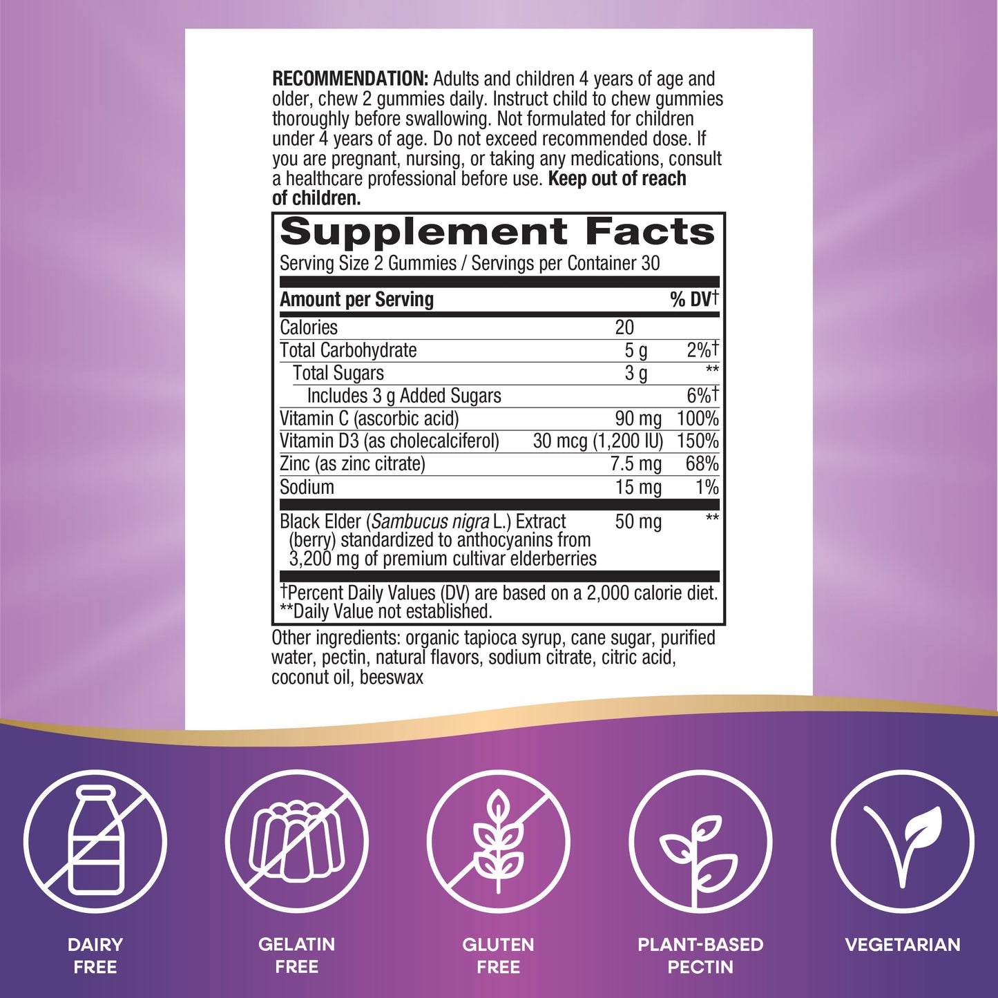 Nature’s Way Sambucus Elderberry Immune Gummies, Daily Immune Support for Kids and Adults*, with Vitamin C, Vitamin D3, Zinc, Gluten Free, Vegetarian, 60 Gummies (Packaging May Vary)
