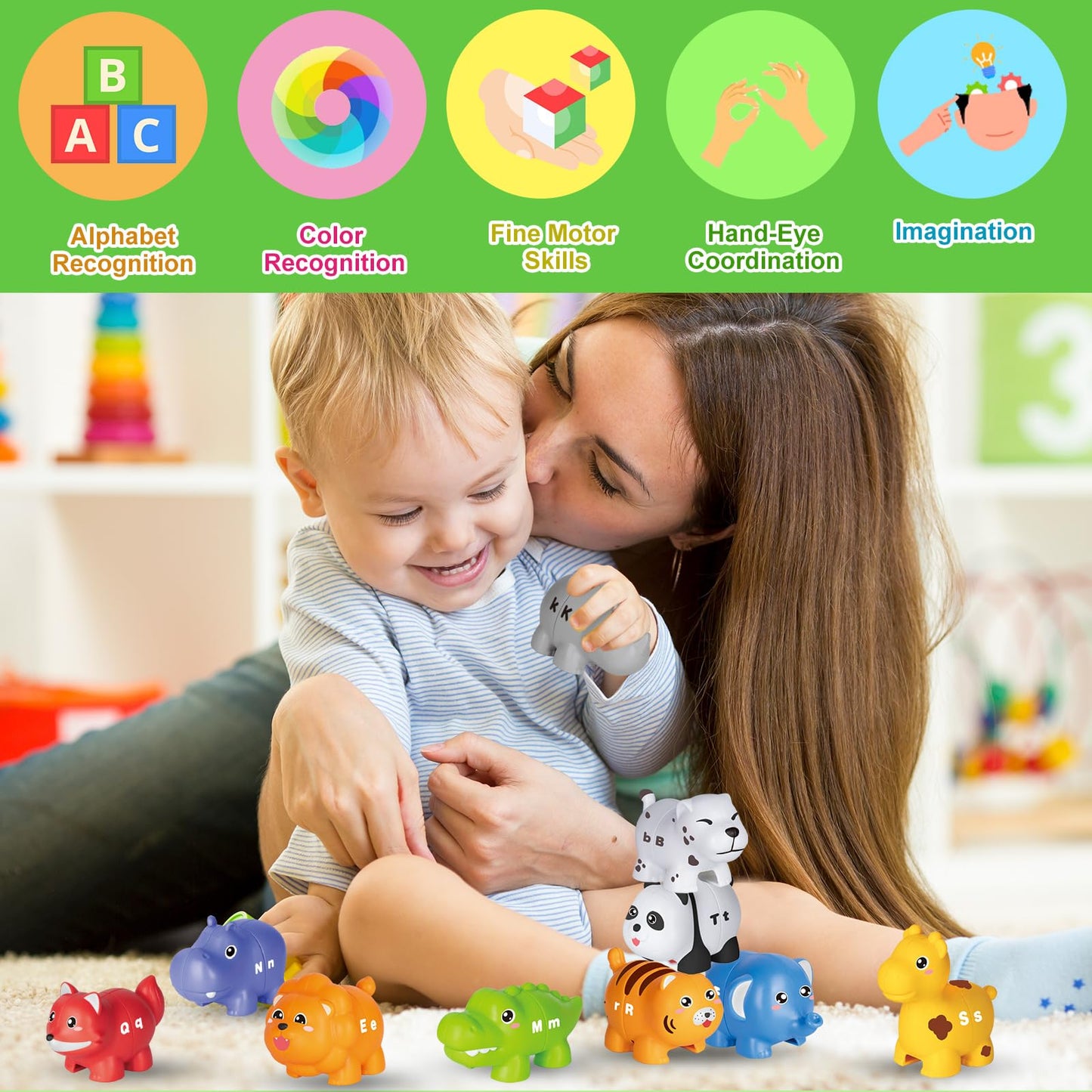 Learning Toys for 2 3 4 Year Old, 52 Pcs ABC Animal Alphabet Match Game with Uppercase Lowercase, 10 Different Animal Figures, Preschool Activities Montessori Fine Motor Toys for Toddlers Kids