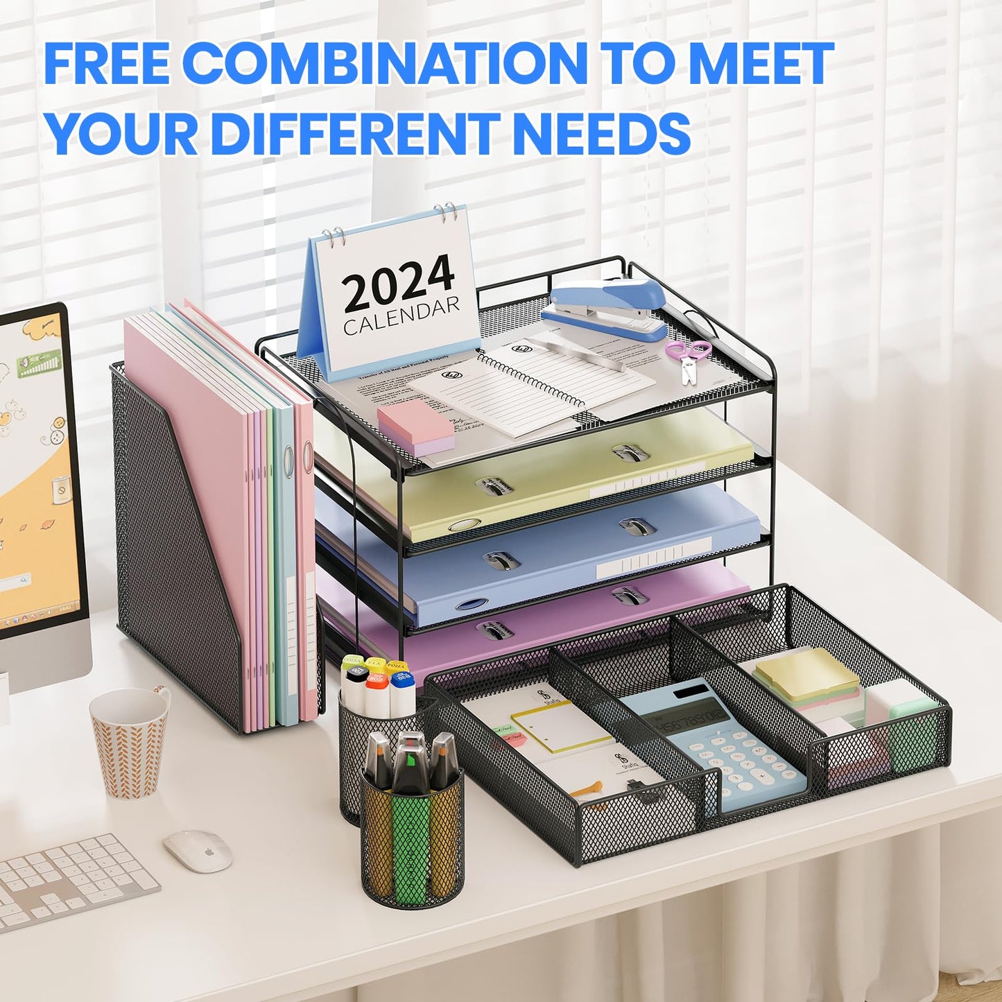 OPNICE Desk Organizers and Accessories, Desk Accessories & Workspace Organizers for Office Supplies, File Organizer Desk Drawer Organizer with 2 Pen Holders, 4 Tier Paper Organizer for Desk(Black)