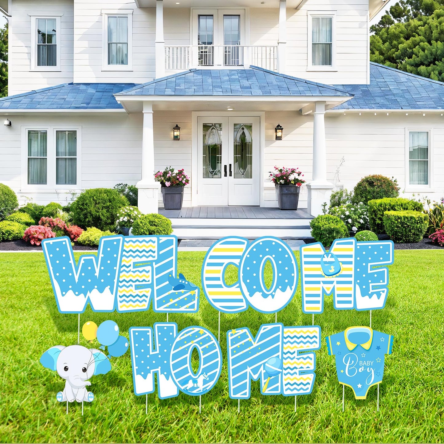 Welcome Home Baby Boy Decorations 7 Pieces Welcome Baby Boy Yard Sign with Stakes Blue Gender Reveal Lawn Sign for Baby Shower Party Supplies Newborn Announcement Outdoor Lawn Garden Yard Decor