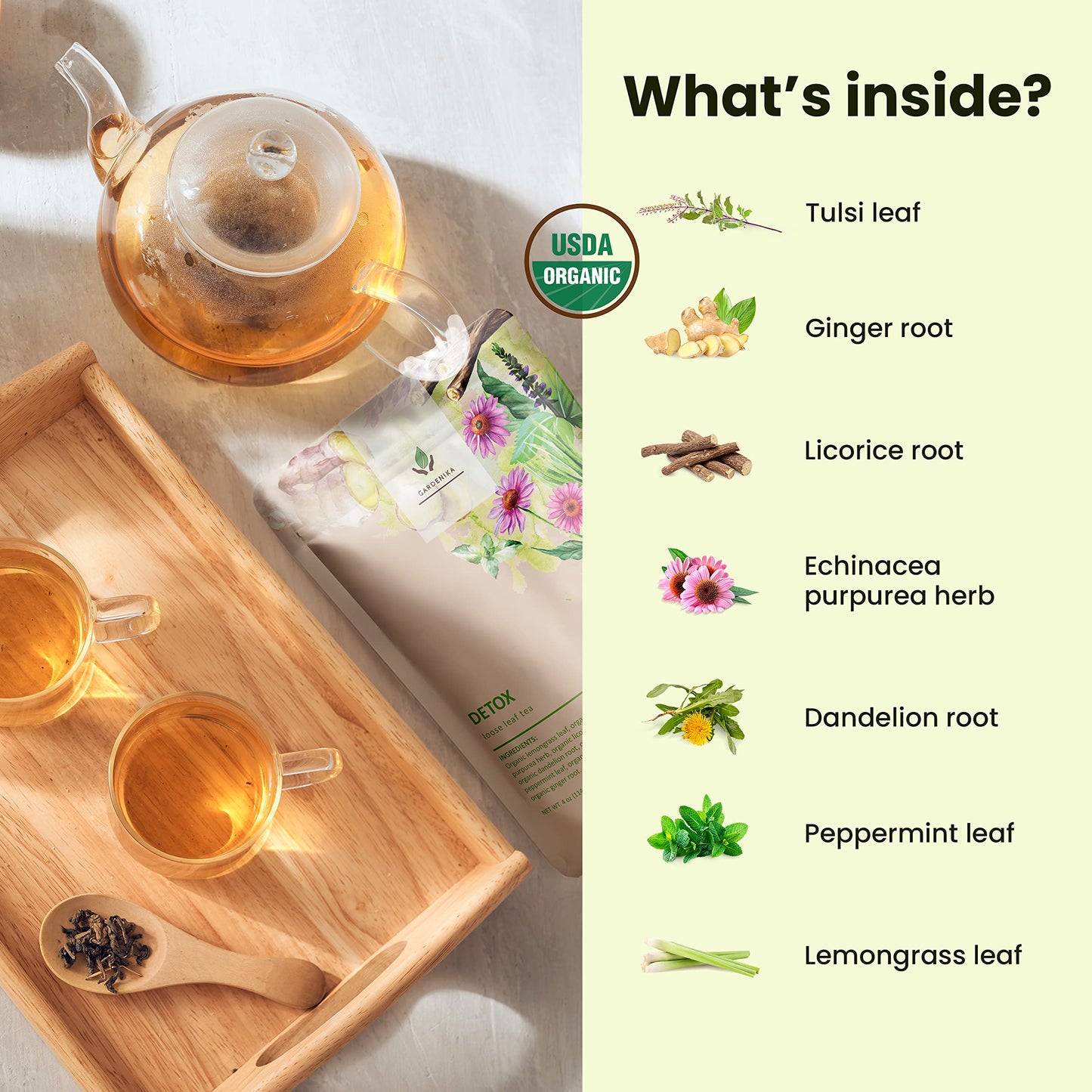 Organic Dandelion Root Detox Loose Leaf Tea, Herbal, Caffeine-Free, KSA Kosher, Ayurvedic with Lemongrass, Peppermint, Echinacea – 4 oz (1 Pack)