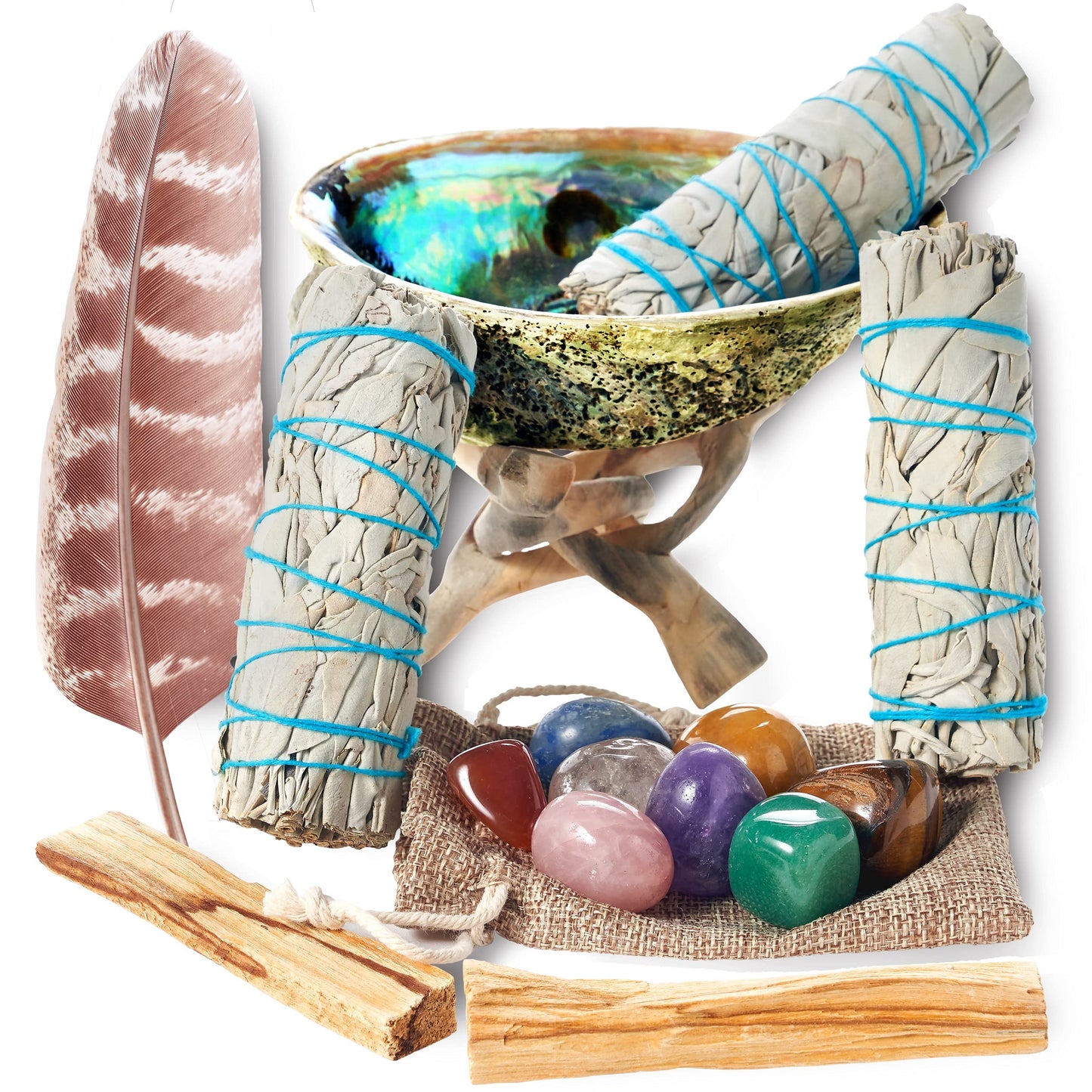 Sage Smudge Kit ~ 3 White Sage Bundles ~ 8 Healing Chakra Stones ~ Abalone Shell & Stand ~ Smudging Feather ~ Cleanse Guide/Blessings ~ Smoke Cleansing Smudge Sticks Healing Growing Manifesting