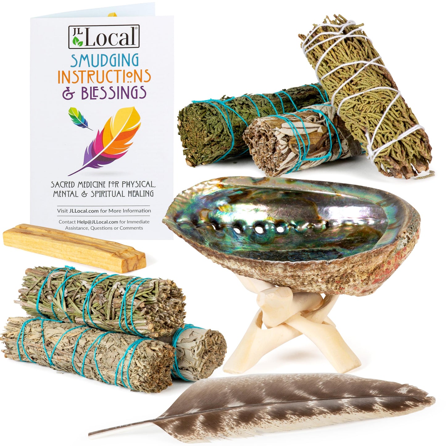 Sage Variety Smudge Kit - White Sage, Blue Sage, Cedar, Juniper, Yerba Santa, Palo Santo, Rosemary, Abalone Shell, Stand, Feather & Instructions | Smudging Kit, Sage Bundle, Smoke Cleanse