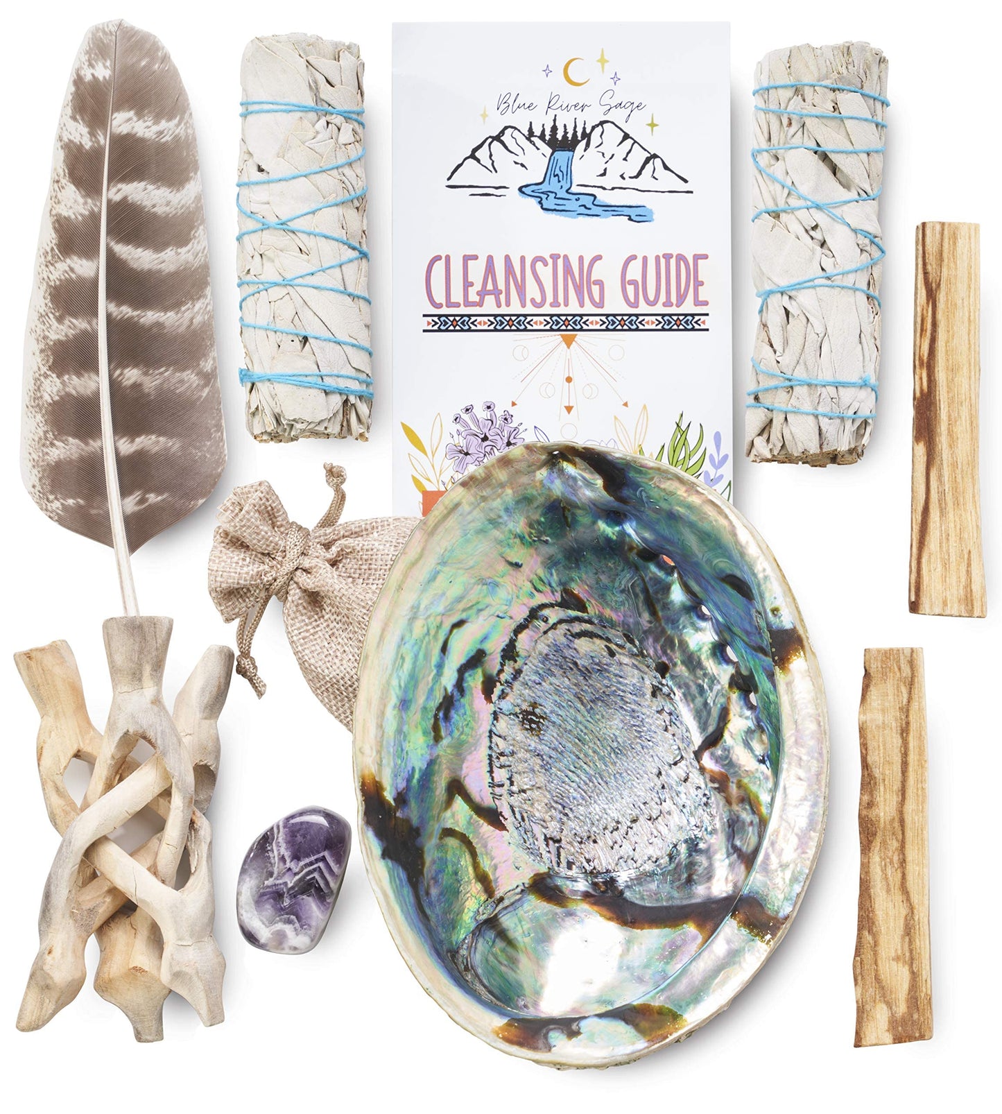 Blue River Sage Smudging & Energy Cleansing Kit with Amethyst, White Sage, Palo Santo, Abalone Shell, Stand & Guide (Regular)