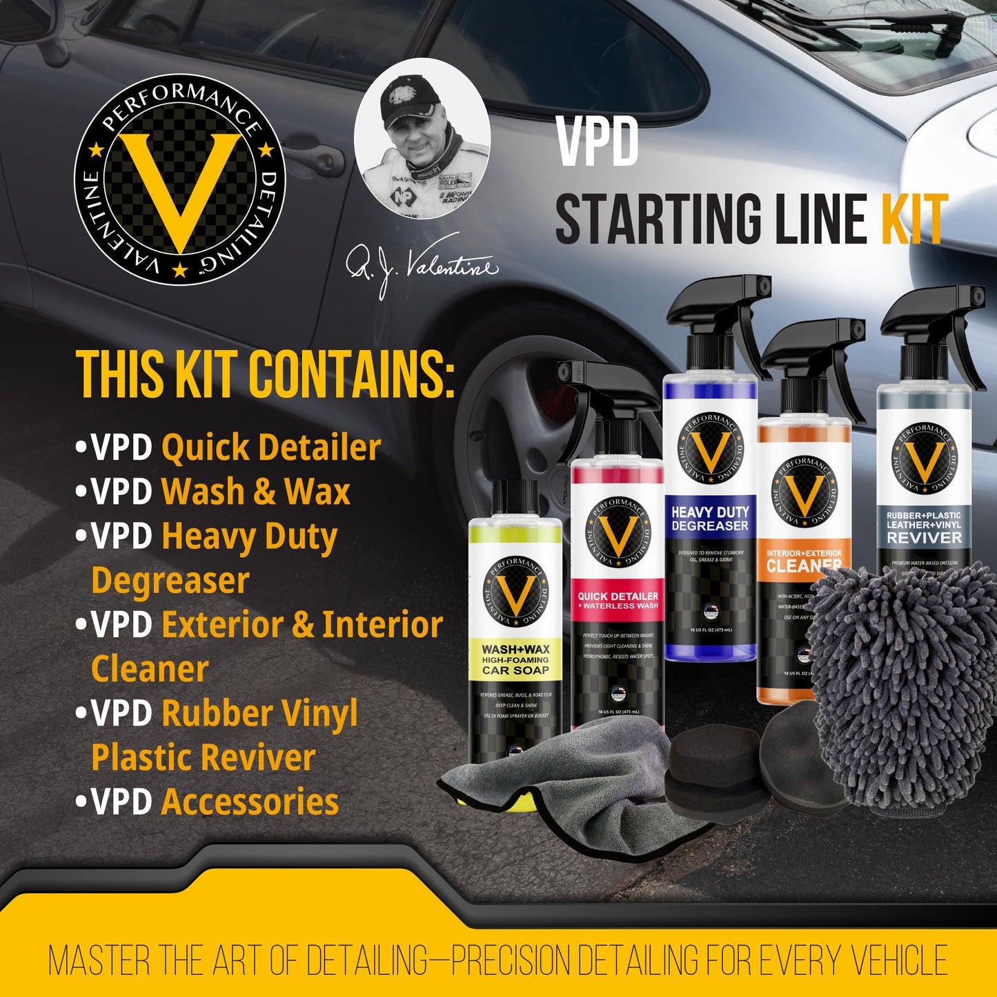 VPD Starting Line Kit - Complete Auto Care Set with Heavy Duty Degreaser, Wash & Wax, Quick Detailer, Interior & Exterior Cleaner, Rubber Vinyl Plastic Reviver, Microfiber Towels, Applicators & Mitts