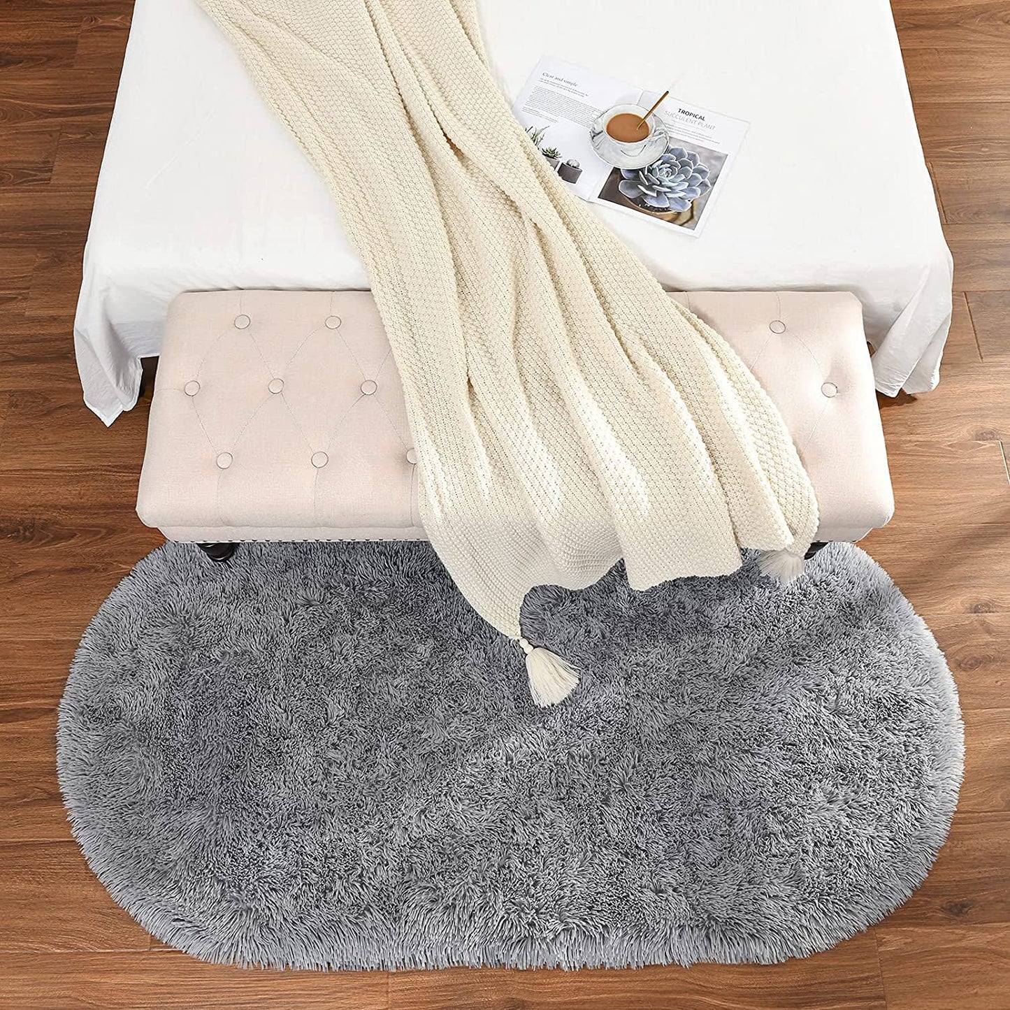 Softlife Fluffy Rugs for Bedroom, 2 Packs Shag Cute Area Rug for Girls and Kids Baby Room Home Decor, 2.6 x 5.3 Feet Oval Indoor Carpet for Nursery Dorm Living Room, Grey