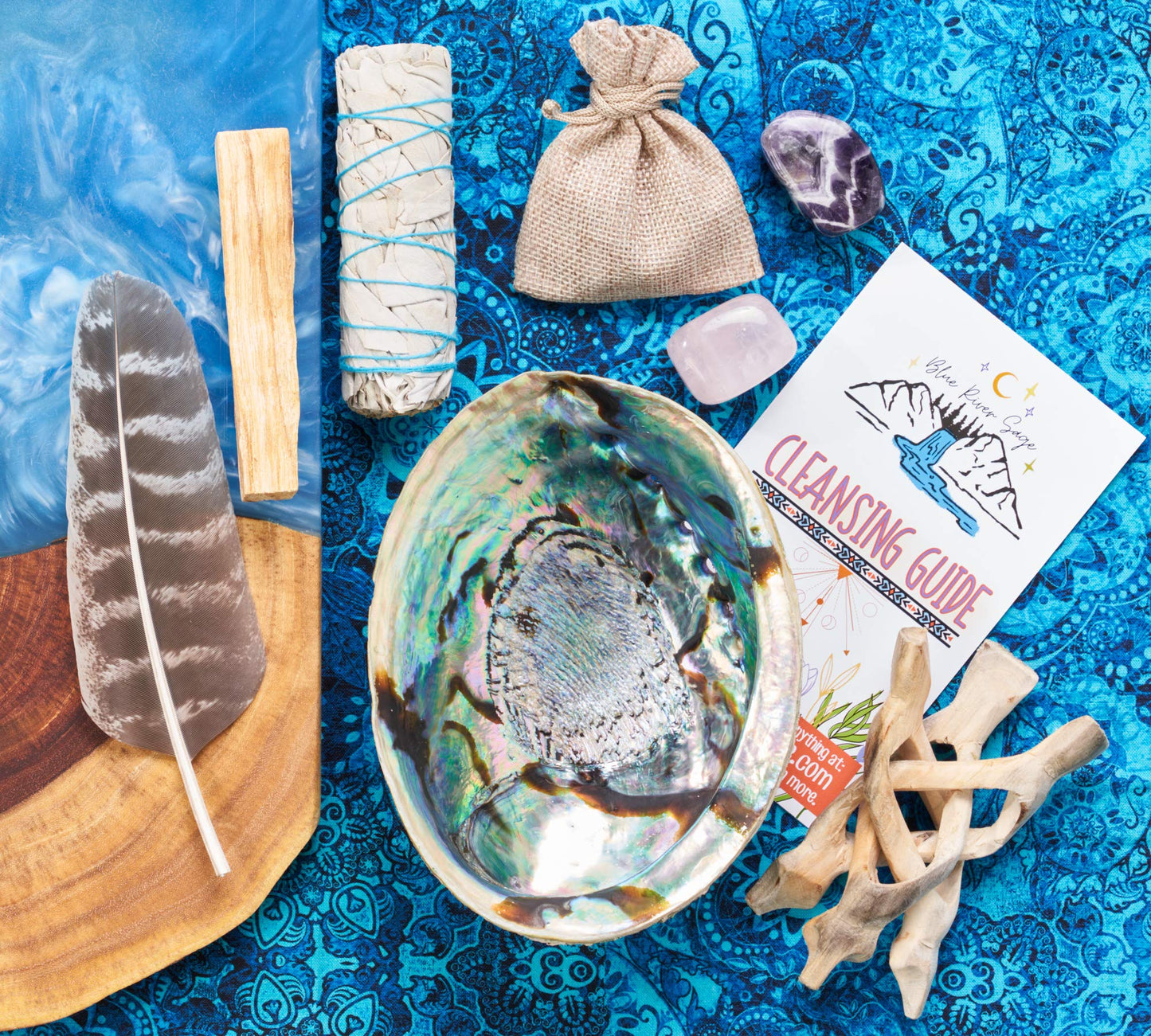 Home Cleansing & Smudging Kit with White Sage, Palo Santo, Abalone & Stand, Smudge Feather & Guide (Regular)
