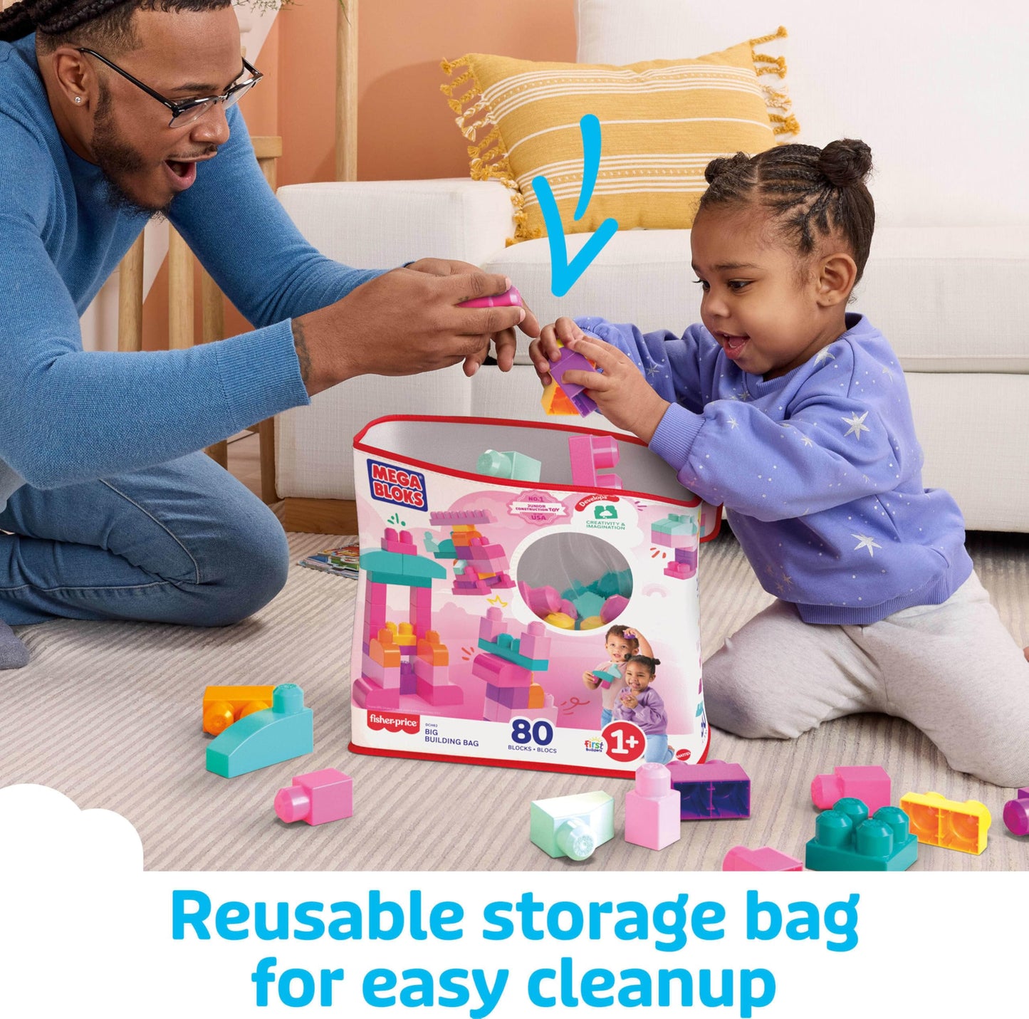MEGA BLOKS First Builders Toddler Blocks Toys Set, Big Building Bag with 80 Pieces and Storage, Pink, Ages 1+ Years