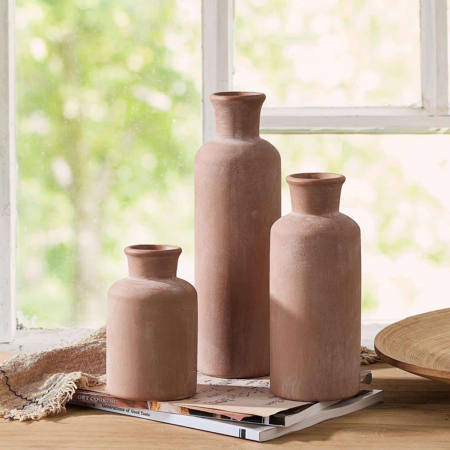 LUKA Ceramic Rustic Farmhouse Vase,Terracotta Vases for Decor,Vase Set of 3,Vase for Your Bedroom,Office,Living Room,Fireplace,Bookshelf Decor,Housewarming 10+7.5+5 Inch