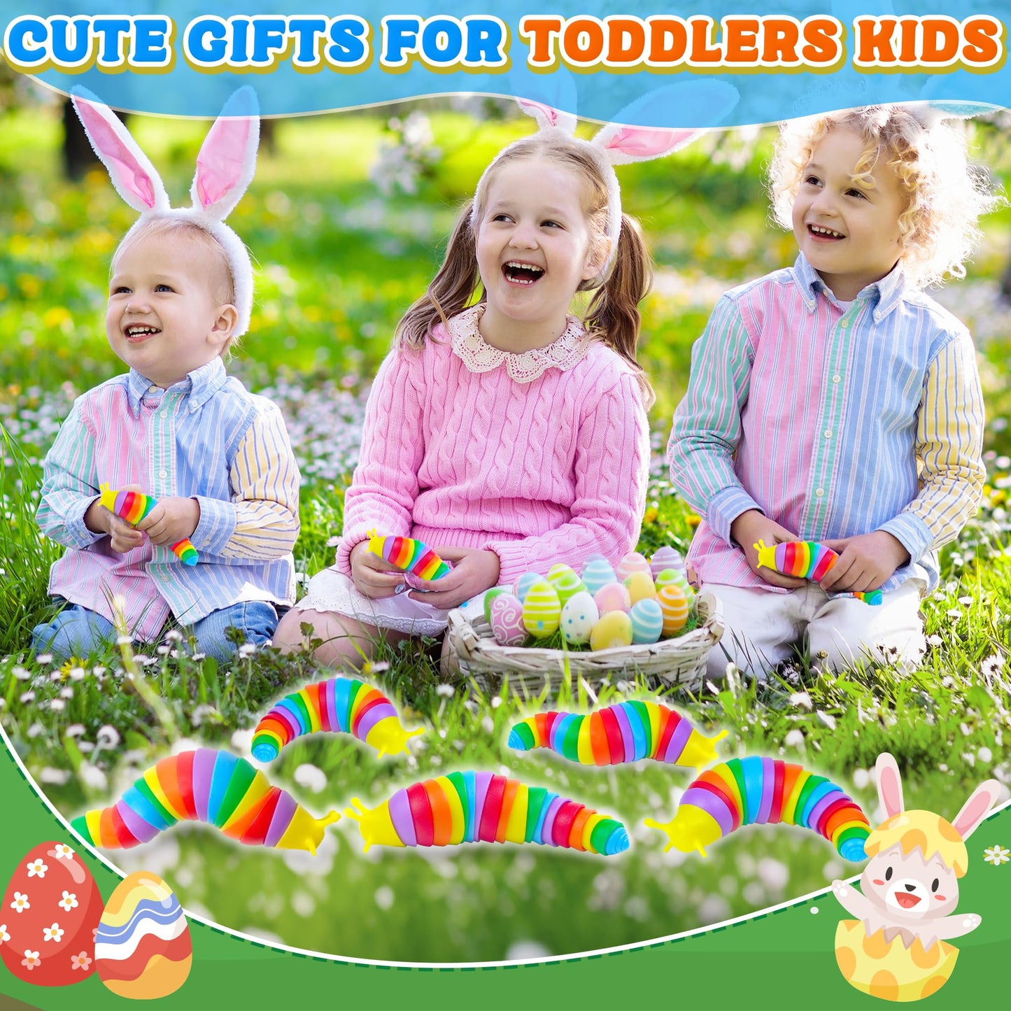 3PCS Sensory Fidget Slug Toys Pack, Easter Basket Stuffer for Toddler Kids Figette Worm for Adults Stress Relief ASMR Figit for Autism ADHD Autistic Caterpillar Travel Stim Toys Gifts for Boys Girls