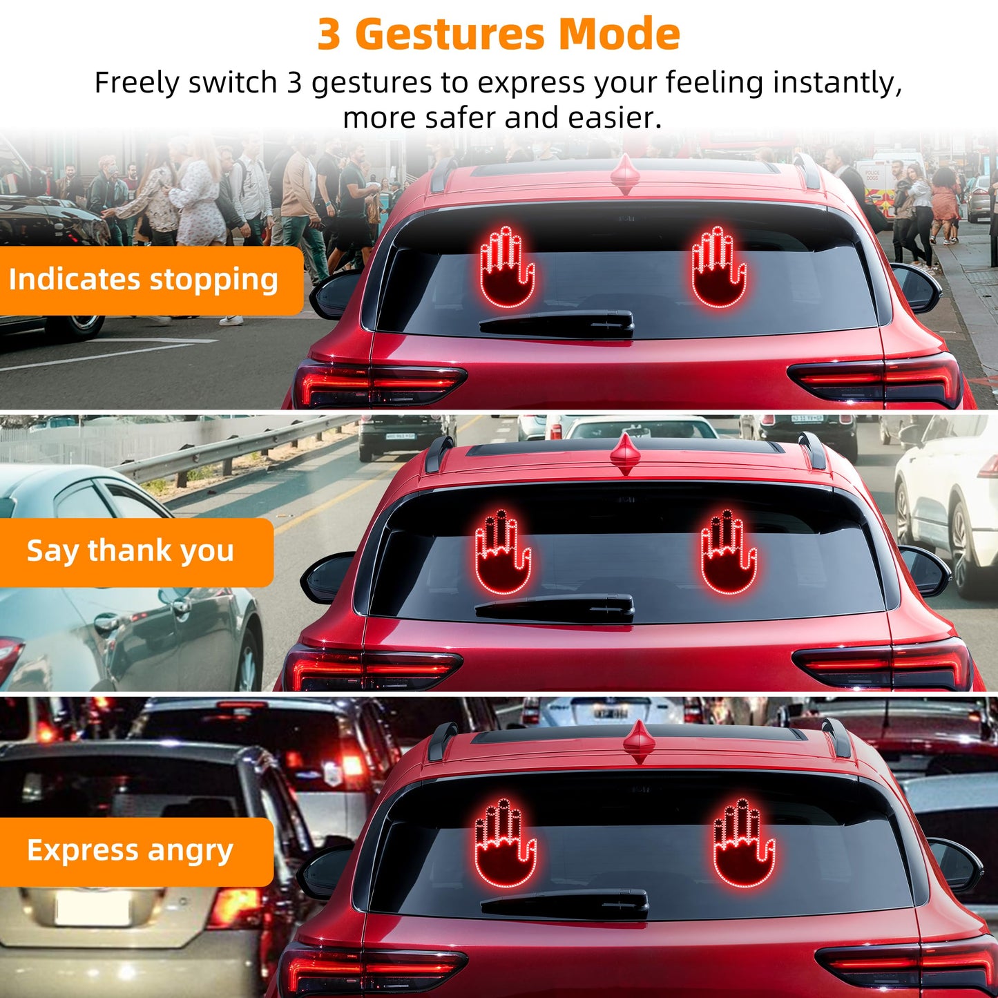 Hand Gesture Light for Car - 3 in 1 LED Finger Light with Remote Control | Back Window Sign for Drivers, Funny Car Accessories & Road Rage Gadgets (Red)