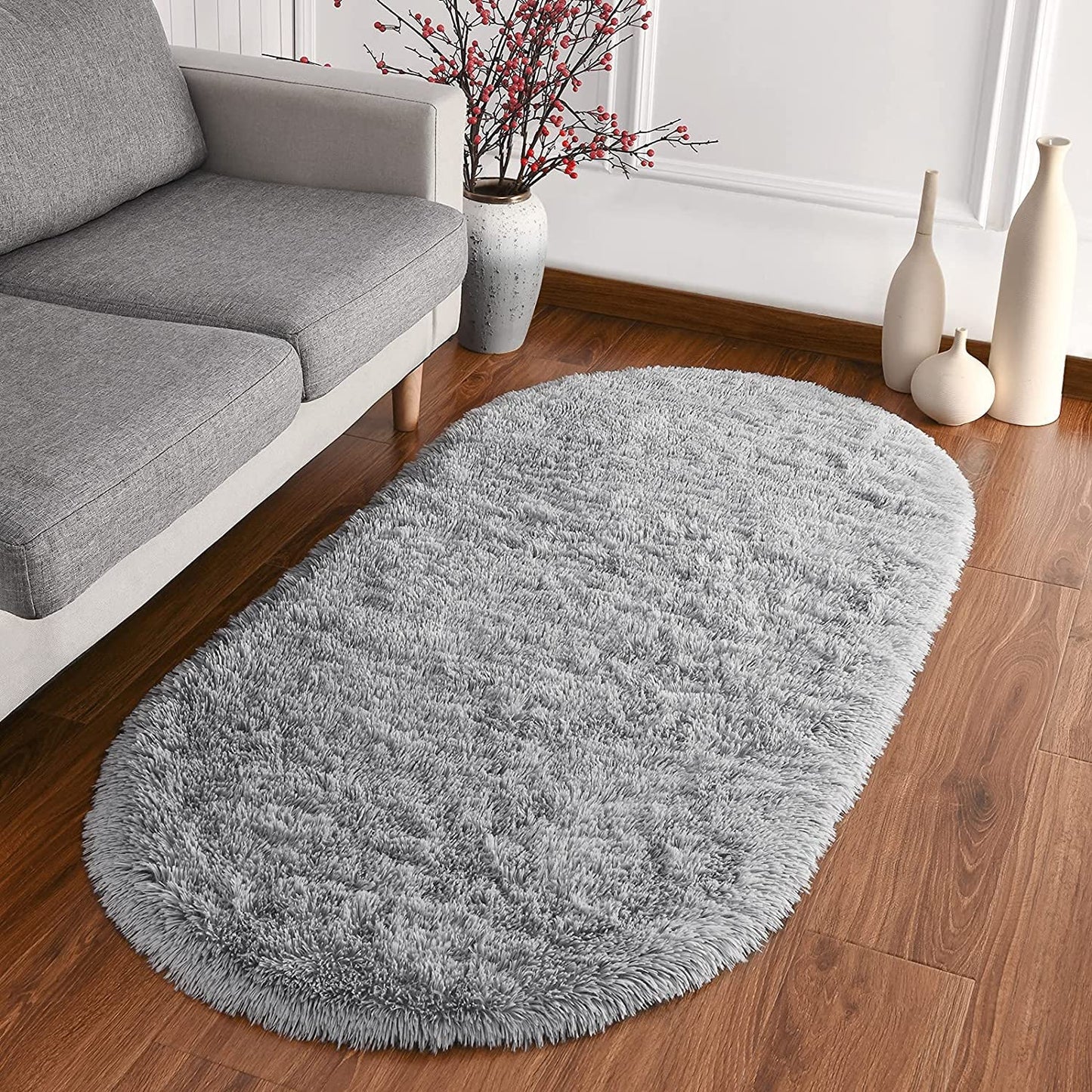 Softlife Fluffy Rugs for Bedroom, 2 Packs Shag Cute Area Rug for Girls and Kids Baby Room Home Decor, 2.6 x 5.3 Feet Oval Indoor Carpet for Nursery Dorm Living Room, Grey
