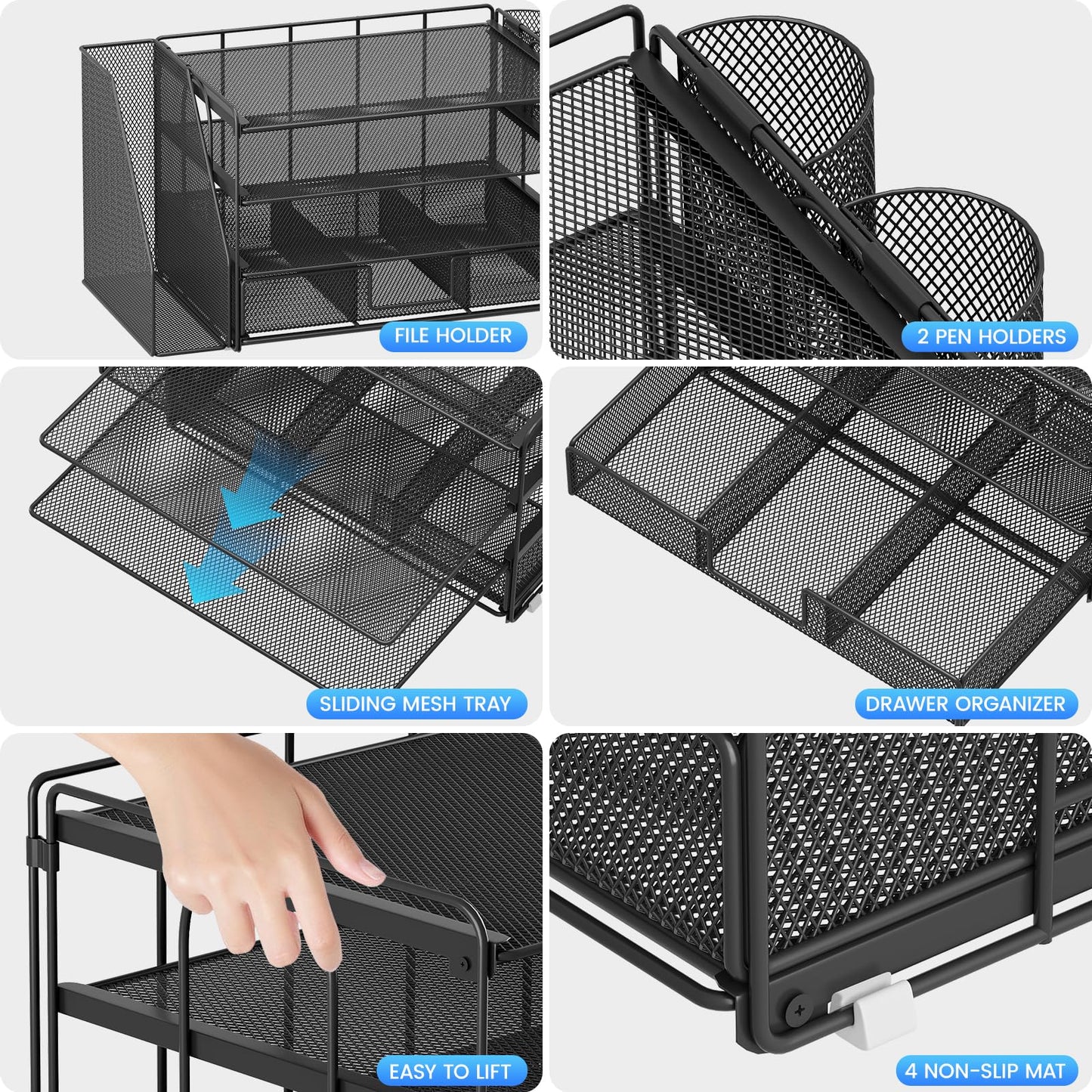 OPNICE Desk Organizers and Accessories, Desk Accessories & Workspace Organizers for Office Supplies, File Organizer Desk Drawer Organizer with 2 Pen Holders, 4 Tier Paper Organizer for Desk(Black)