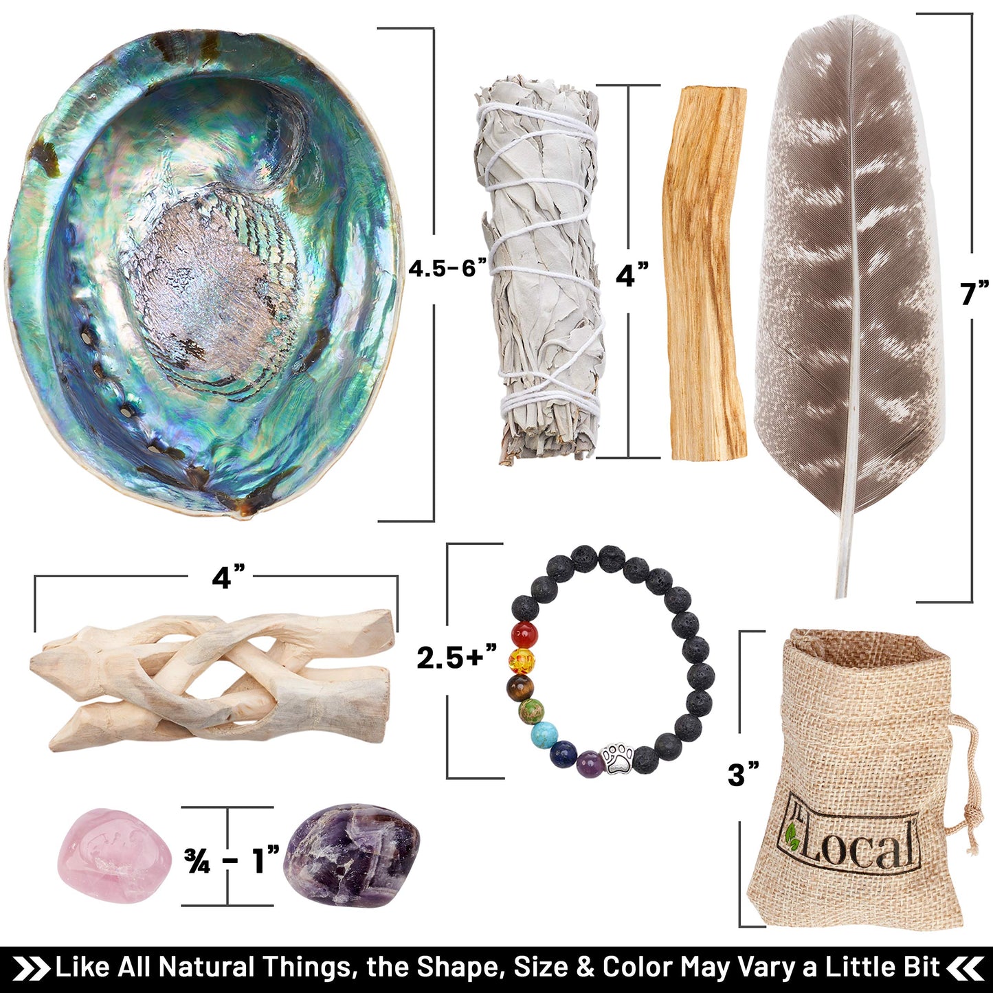 Aura Chakra Smudging Kit - White Sage Smudge Sticks, Palo Santo, Amethyst, Rose Quartz, Abalone Shell, Stand & Chakra Bracelet