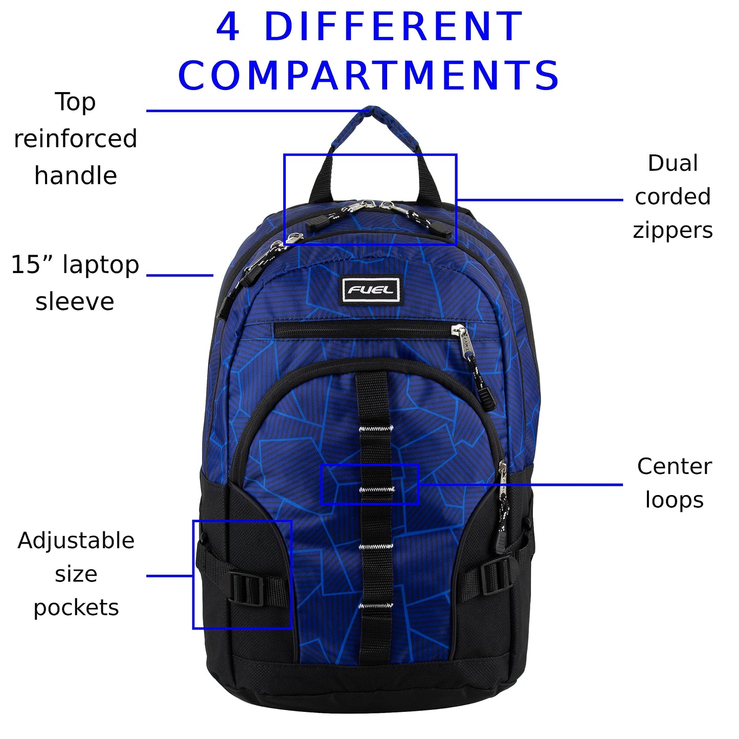 FUEL Hiking Laptop Backpack, College Bookbag, Travel Daypack with 5 Compartments, Dynamo Tech Pocket, 18.5 Inches, Geometric Cracks