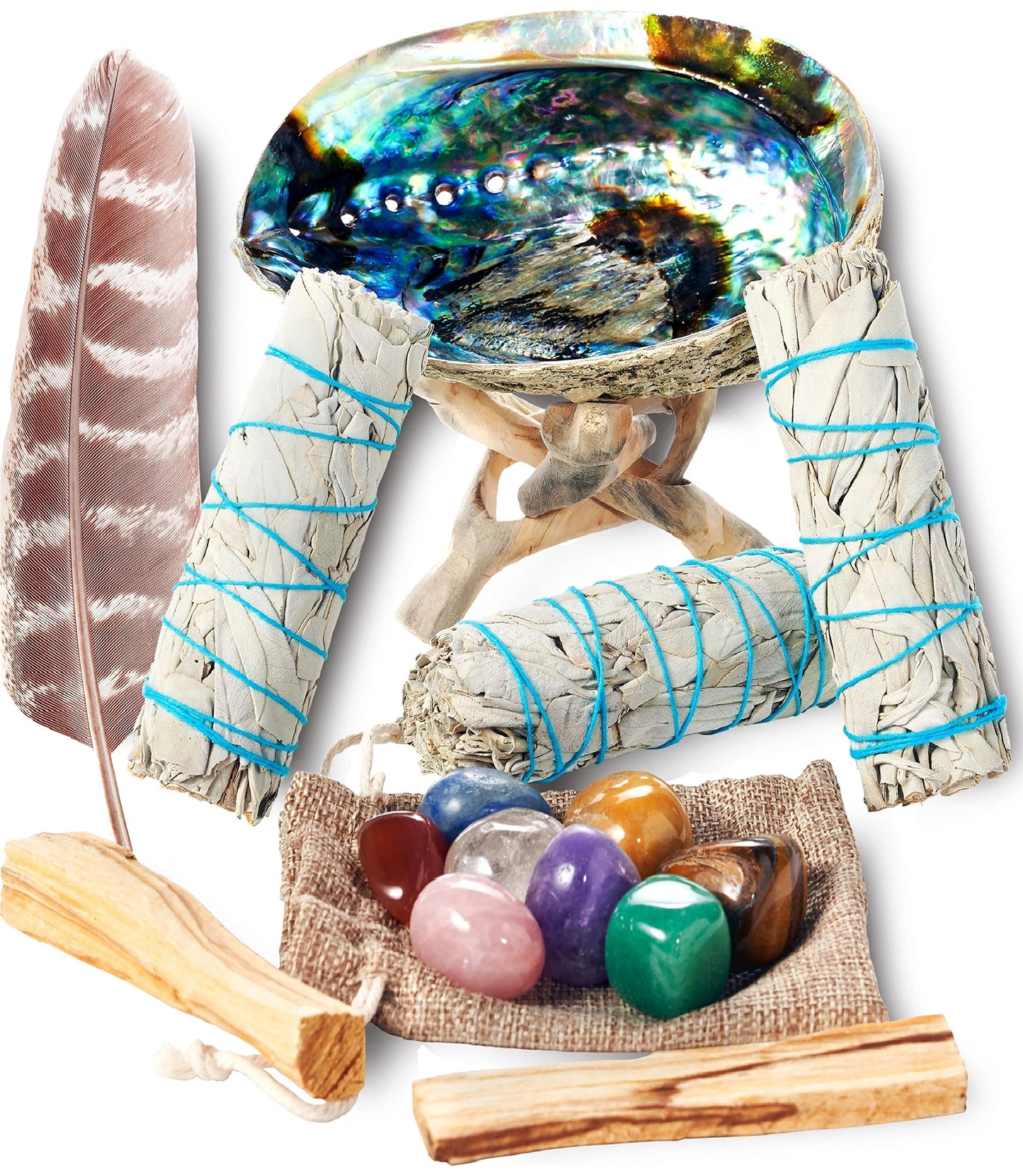 Sage Smudge Kit ~ 3 White Sage Bundles ~ 8 Healing Chakra Stones ~ Abalone Shell & Stand ~ Smudging Feather ~ Cleanse Guide/Blessings ~ Smoke Cleansing Smudge Sticks Healing Growing Manifesting