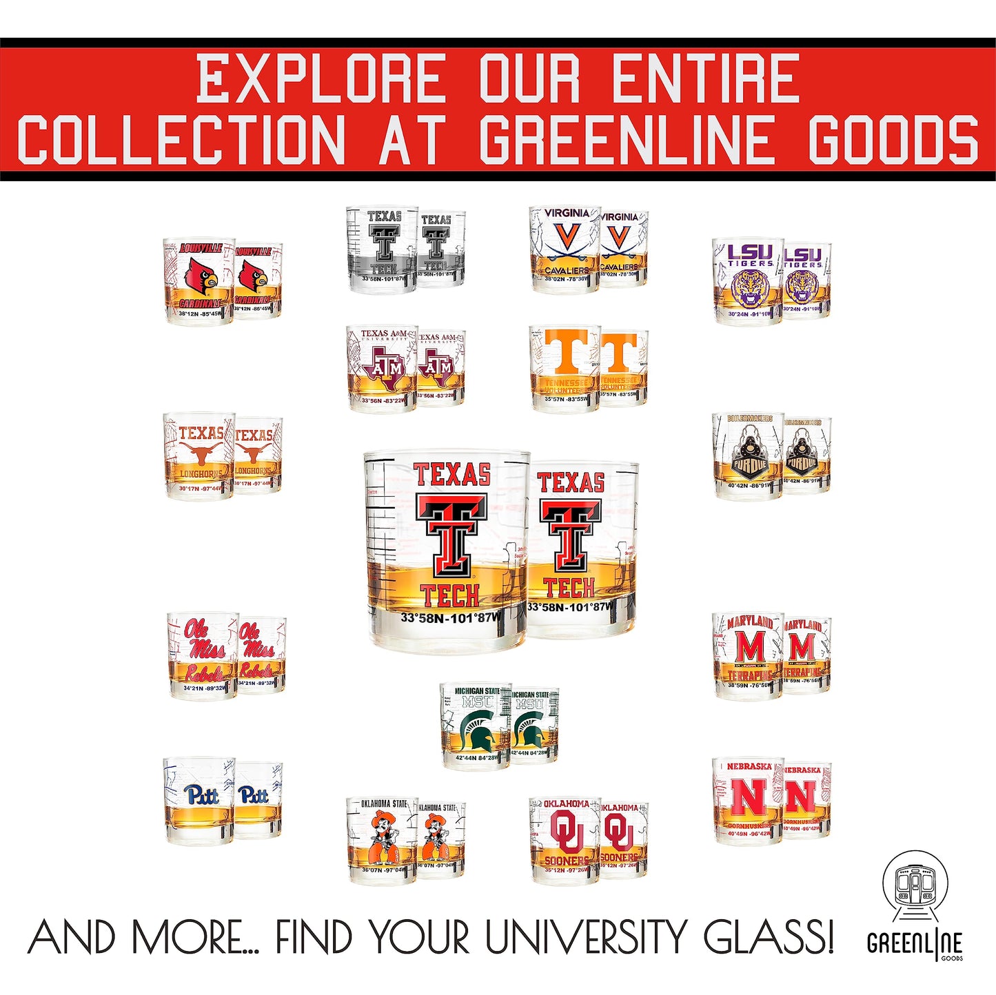 Greenline Goods Texas Tech University Whiskey Glass Set (2 Low Ball Glasses) - Contains Full Color Raider Red Logo & Campus Map - Gift Idea for Texas Tech College Grads & Alumni - Glassware