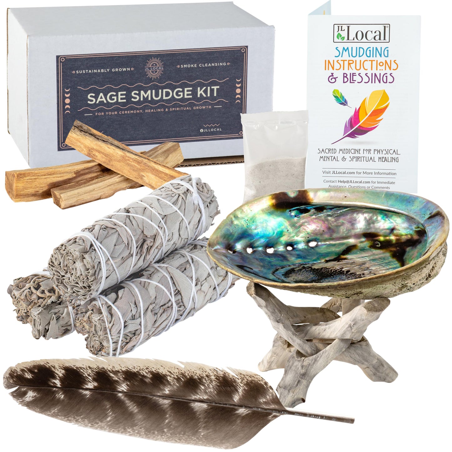 White Sage & Palo Santo Smudge Kit | Smudging Kit with Sage Smudge Sticks ~ Palo Santo ~ White Sand ~ Abalone Shell ~ Stand ~ Smudging Feather | Salvia Blanca para Limpiar Sustainably Sourced