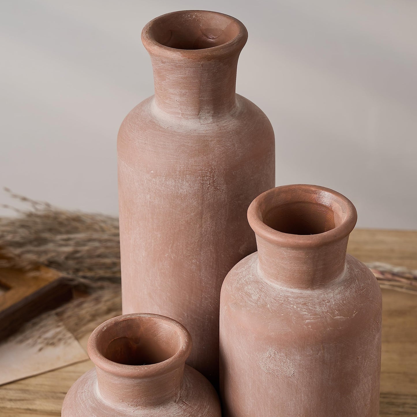 LUKA Ceramic Rustic Farmhouse Vase,Terracotta Vases for Decor,Vase Set of 3,Vase for Your Bedroom,Office,Living Room,Fireplace,Bookshelf Decor,Housewarming 10+7.5+5 Inch