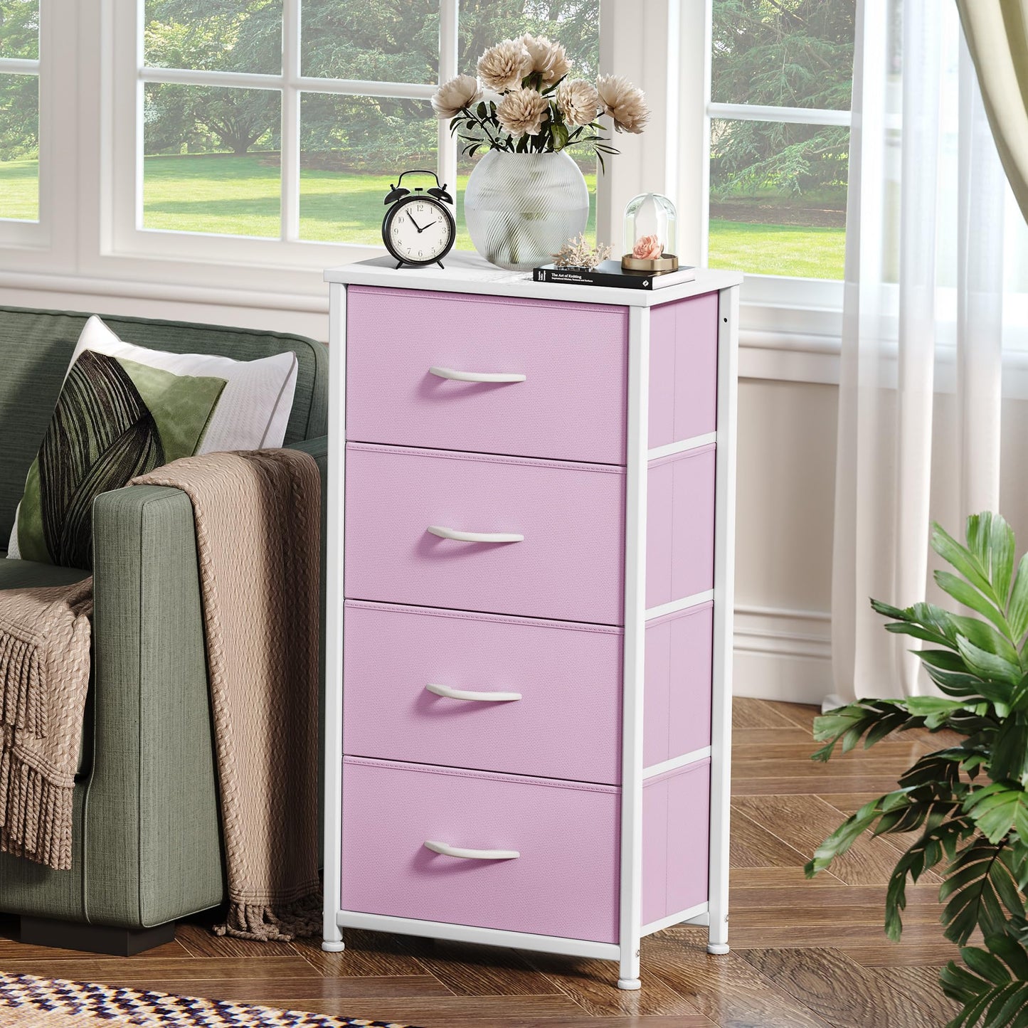 DWVO Storage Drawer with 4 Drawers - Fabric Dressers for Kids, Dresser for Bedroom, Living Room, Closets - Sturdy Steel Frame, Wooden Top & Easy Pull Fabric Bins