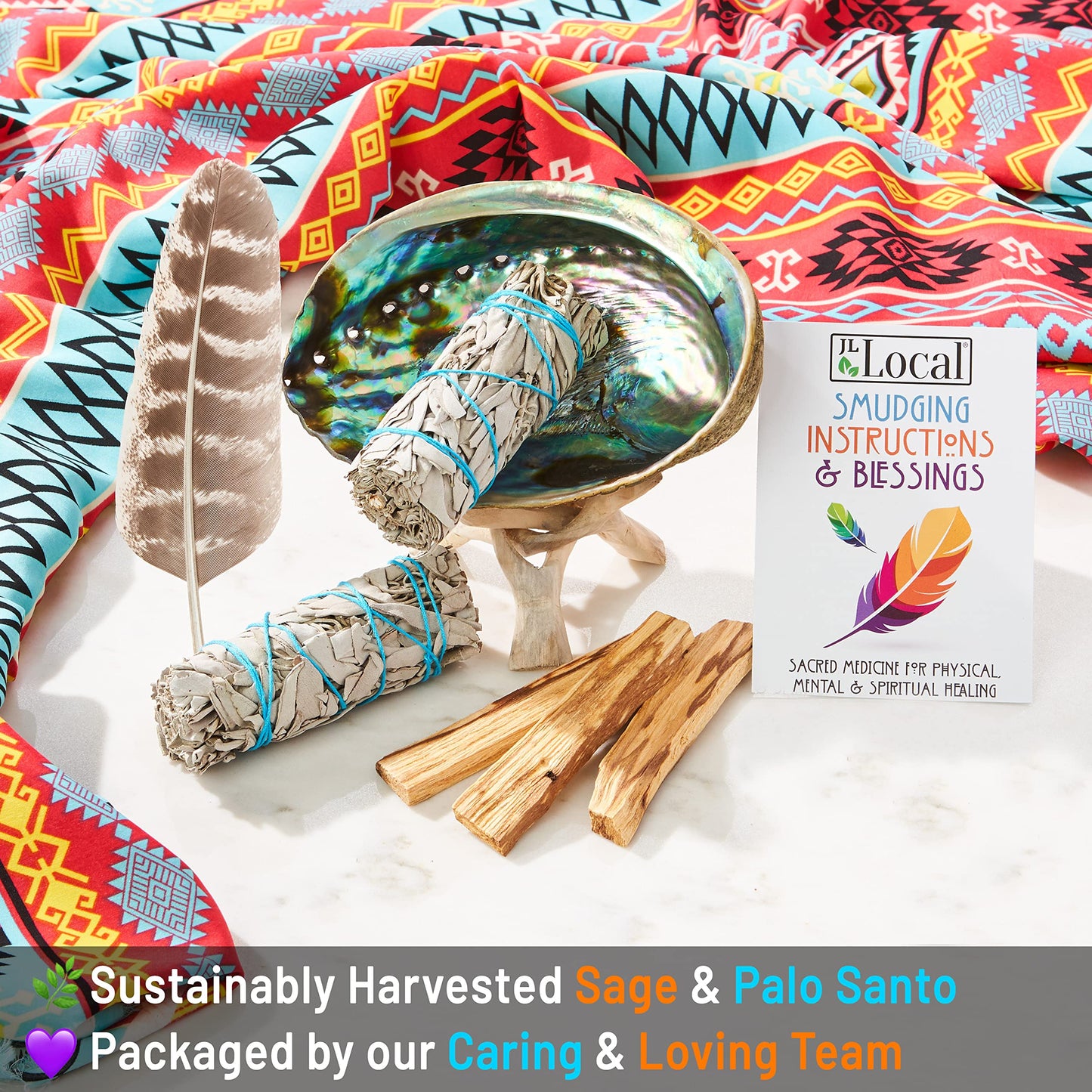 Smudge Kit - White Sage, Palo Santo, Abalone Shell, Smudging Feather for Healing, Purifying, Meditating & Incense (Essentials Plus)