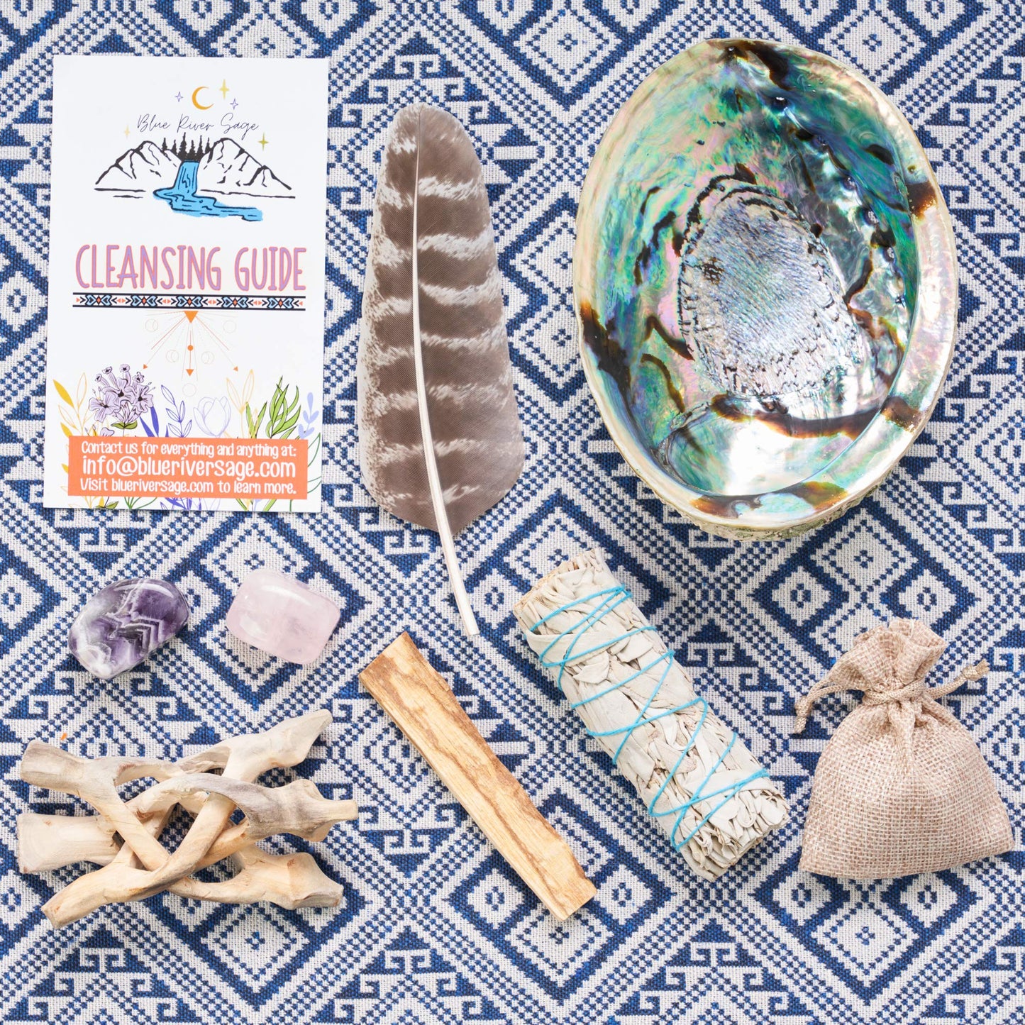 Home Cleansing & Smudging Kit with White Sage, Palo Santo, Abalone & Stand, Smudge Feather & Guide (Regular)