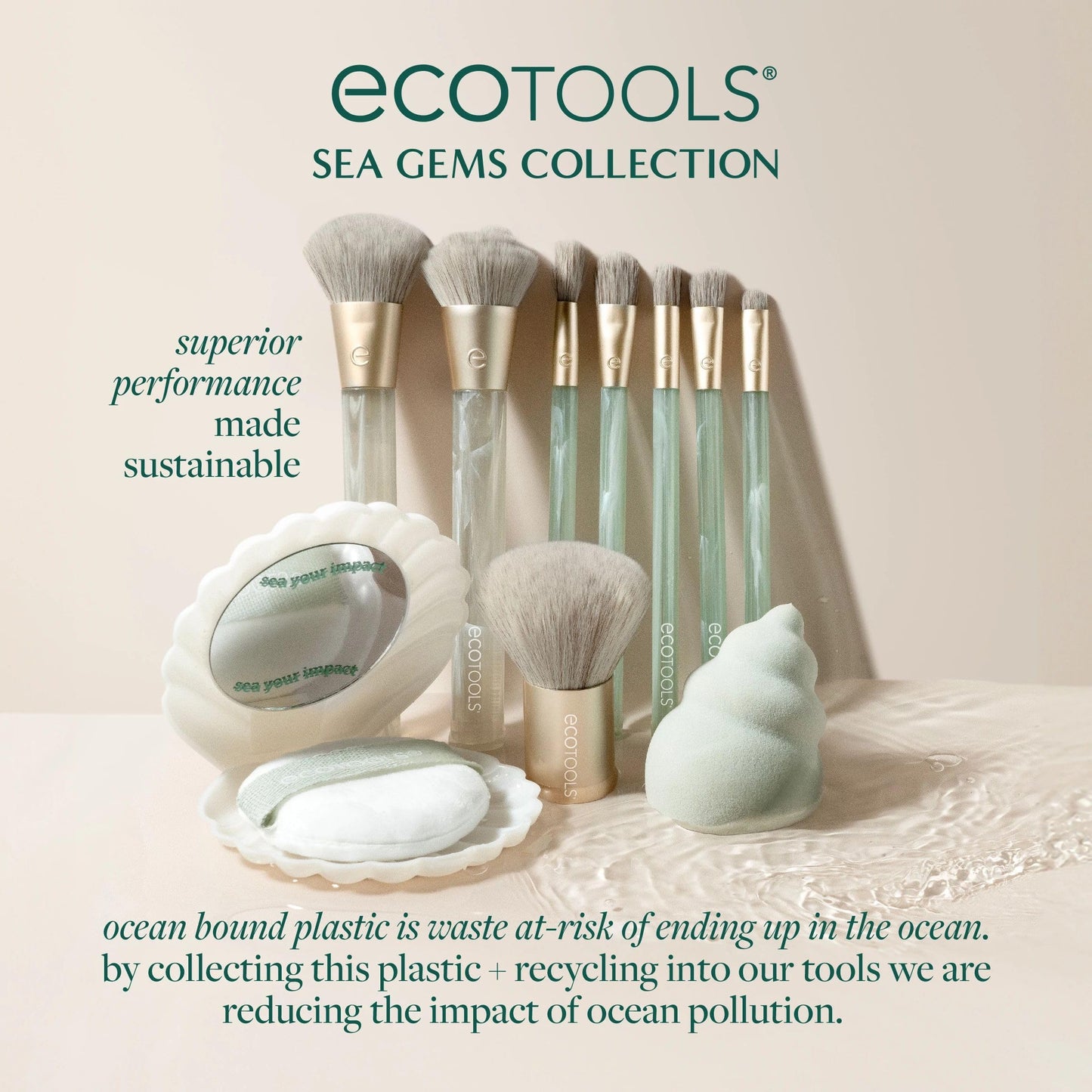 EcoTools Sea Gems Face Makeup Brush & Sponge 4 Piece Set, Eco-Friendly Makeup Brushes & Makeup Sponge, For Foundation, Blush, Contour, & Setting Powder, Recycled Plastic, Cruelty-Free Tools