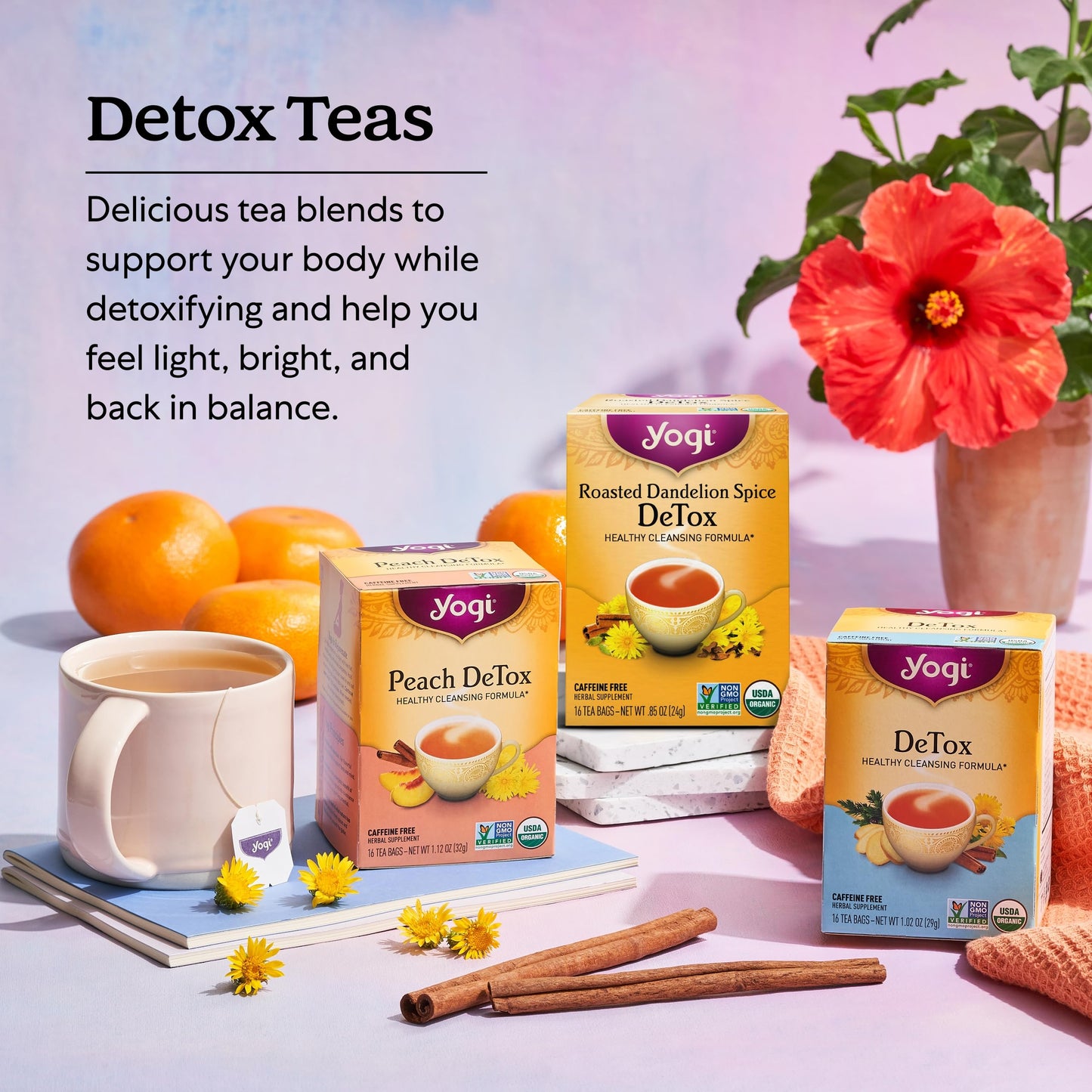 Yogi Tea Herbal DeTox Variety Sampler - 16 Bags per Pack (3 Packs) - Organic Sampler - Includes Peach & Original DeTox Teas & Roasted Dandelion Spice