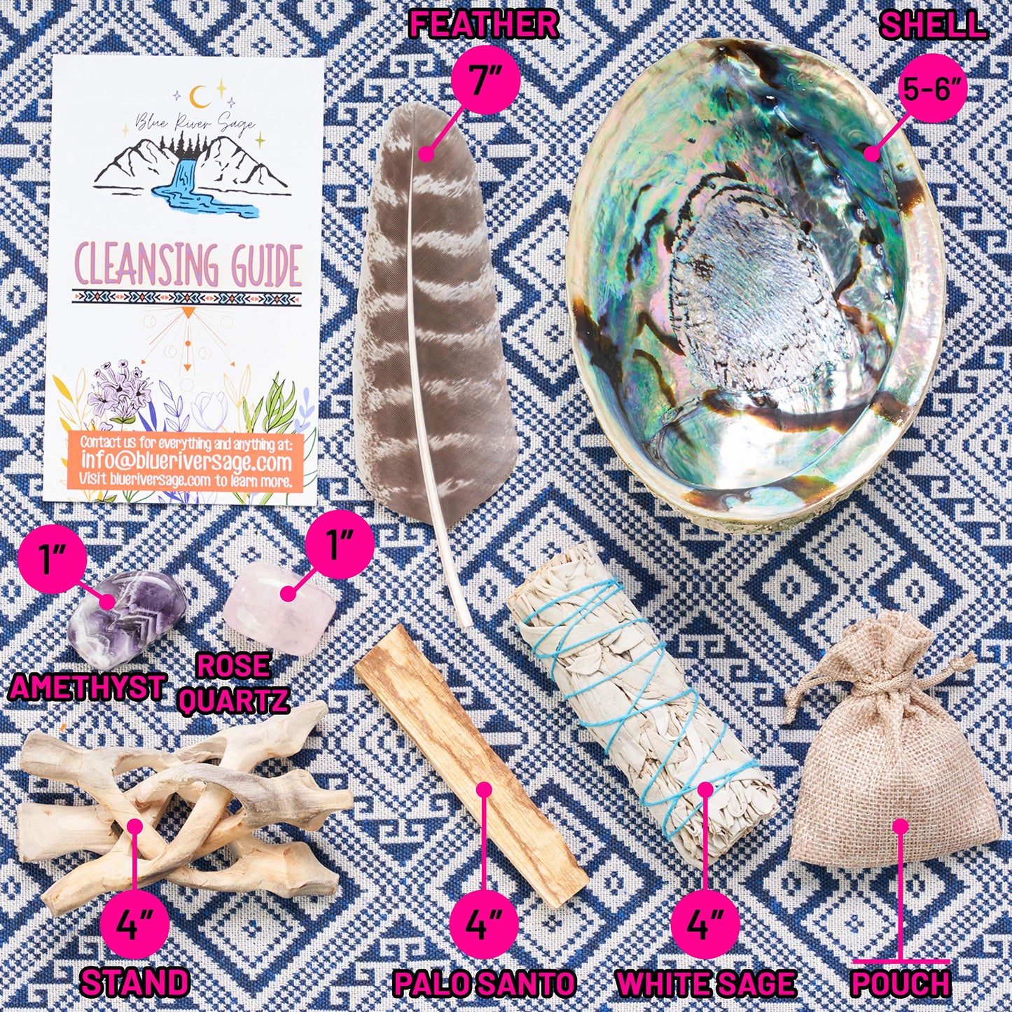 Home Cleansing & Smudging Kit with White Sage, Palo Santo, Abalone & Stand, Smudge Feather & Guide (Regular)