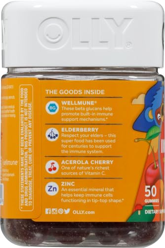 OLLY Kids Immunity Gummy, Immune Support, Wellmune, Elderberry, Vitamin C, Zinc, Chewable Supplement, Cherry - 50 Count