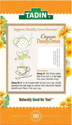 Tadin Organic Dandy Detox Tea, Dandelion Root Tea, Herbal Tea, Liver Support Tea, Organic Tea, Caffeine Free Tea, Wellness Tea, 20 Tea Bags Per Box, Pack of 6