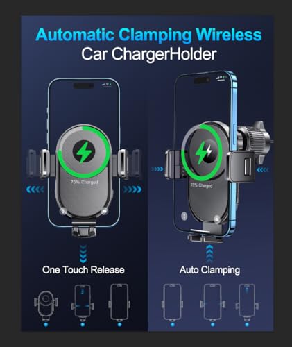 Wireless Car Charger, 15W Fast Charging Auto Clamping Car Phone Holder Wireless Charger Air Vent Car Phone Mount fit for iPhone 15 14 13 12 Mini Pro Max 11 XR XS X, Samsung Galaxy S23 S22 S21+