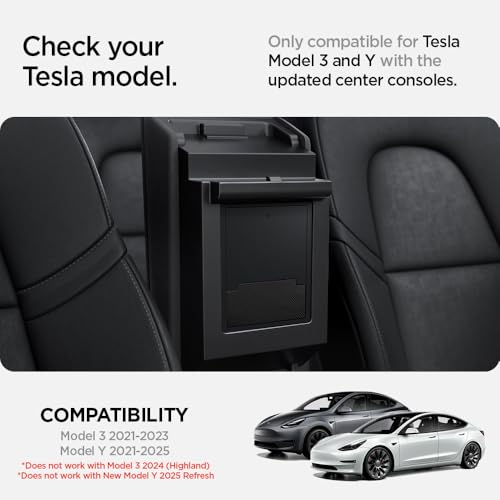 Spigen One-Tap Hidden Storage Box Designed for Tesla Model 3 & Y Center Console Organizer Armrest 2024/2023/2022 [Not Compatible with Model 3 2025/2024 Refresh and Model Y 2025] (Carbon Edition)
