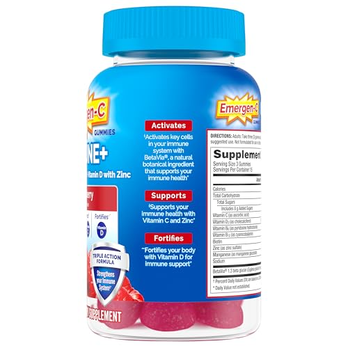 Emergen-C Immune+ Immune Gummies, Vitamin D Plus 750 mg Vitamin C, Immune Support Dietary Supplement, Caffeine Free, Gluten Free, Raspberry Flavor - 45 Count