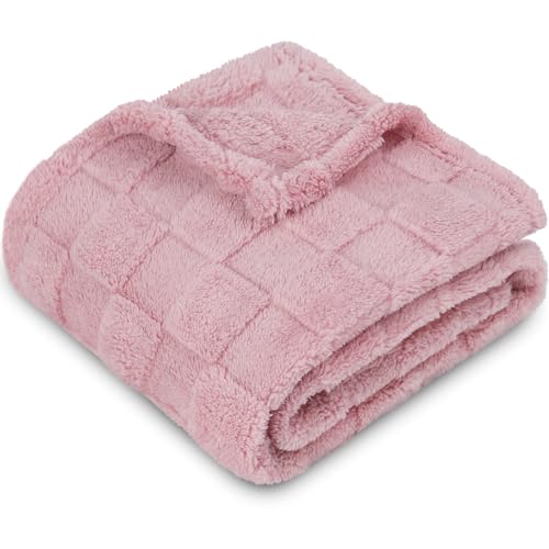 HOMRITAR 3D Gingham Fleece Baby Blanket for Girls Boys Chessboard Grid Warmer Comfort Reversible Shaggy Cozy Decor for Home Bed Blanket for Toddlers 30 x 40 Inches Coral Pink