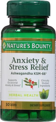 Nature’s Bounty Anxiety & Stress Relief Ashwagandha KSM 66 Tablets, Mood Support, 50 Count