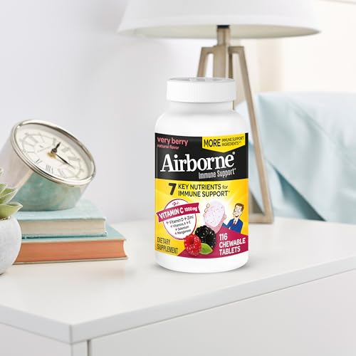 Airborne 1000mg Vitamin C with Vitamin D & Zinc, Multivitamin Immune Support Supplement, Antioxidants Vitamins A C & Vitamin E, 116 Chewable Tablets, Very Berry Flavor
