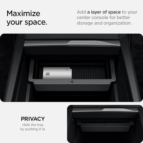 Spigen Center Console Organizer Tray Designed for New Tesla Model Y 2025 Refresh (Juniper) and Tesla Model 3 2025/2024 Refresh (Highland) with Smooth Slide Technology (Carbon Edition)