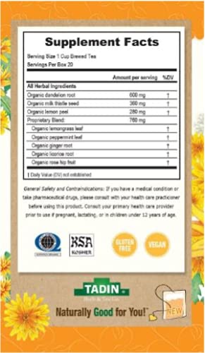 Tadin Organic Dandy Detox Tea, Dandelion Root Tea, Herbal Tea, Liver Support Tea, Organic Tea, Caffeine Free Tea, Wellness Tea, 20 Tea Bags Per Box, Pack of 6