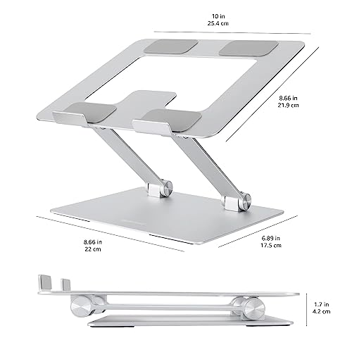 Amazon Basics Ergonomic and Foldable Laptop Stand for Desk, Adjustable Riser, Fits all Laptops and Notebooks up to 17.3 Inch, 10 x 8.7 x 6 in, Silver